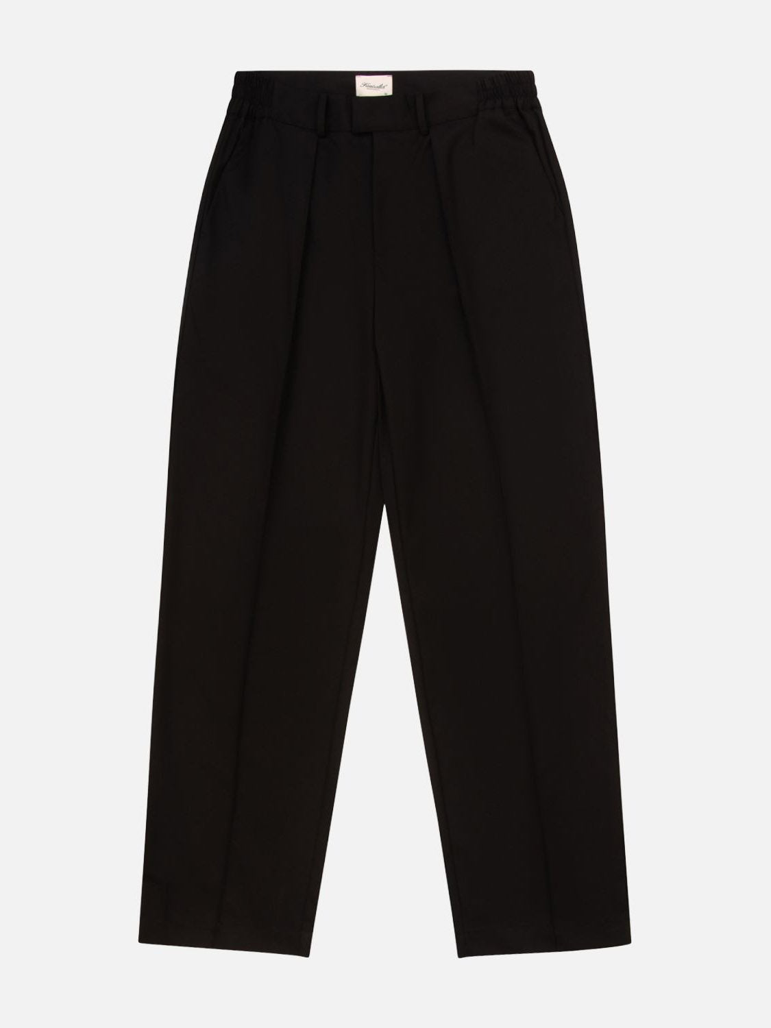 The Kuwalla Pintuck Dress Pant features a pleated front and elastic waistband on a white backdrop. Perfect for formal occasions, these black tailored pants offer a relaxed yet polished fit, ideal for business wear. Their full-length design ensures elegance and comfort all day long.