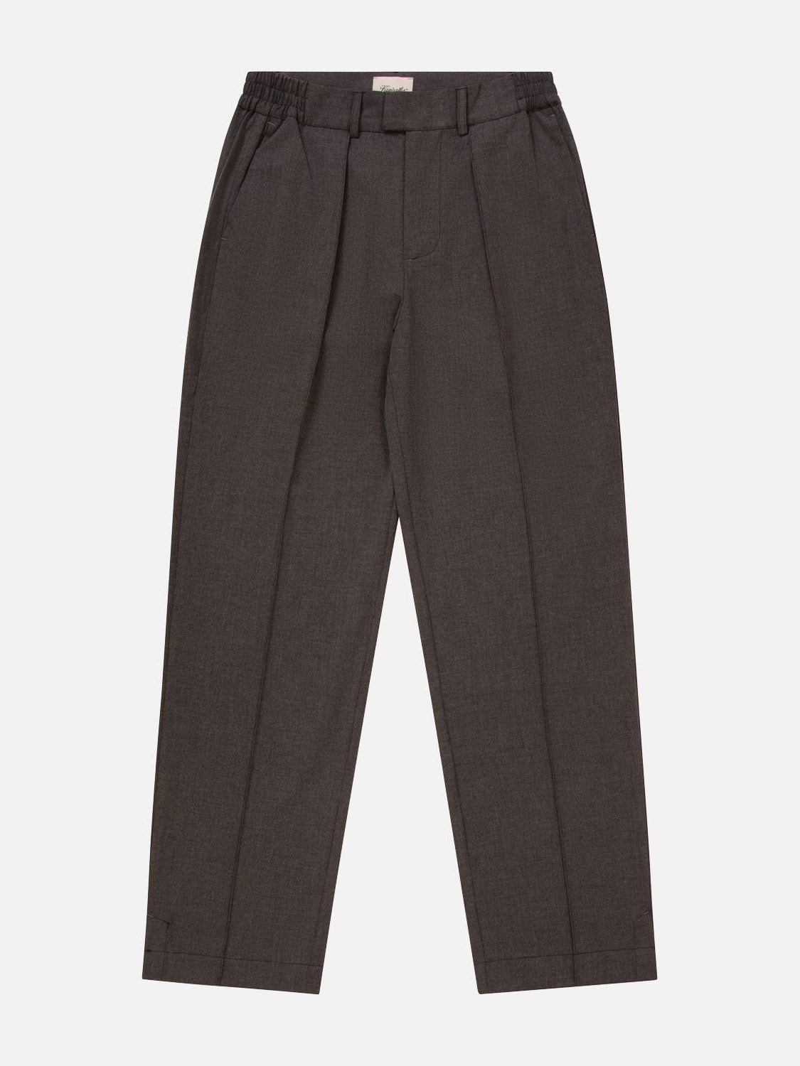 The Kuwalla Pintuck Dress Pant, in dark gray, features an elastic waistband, tailored fit, two side pockets, and belt loops. Ideal for formal occasions. Displayed on a plain white background.