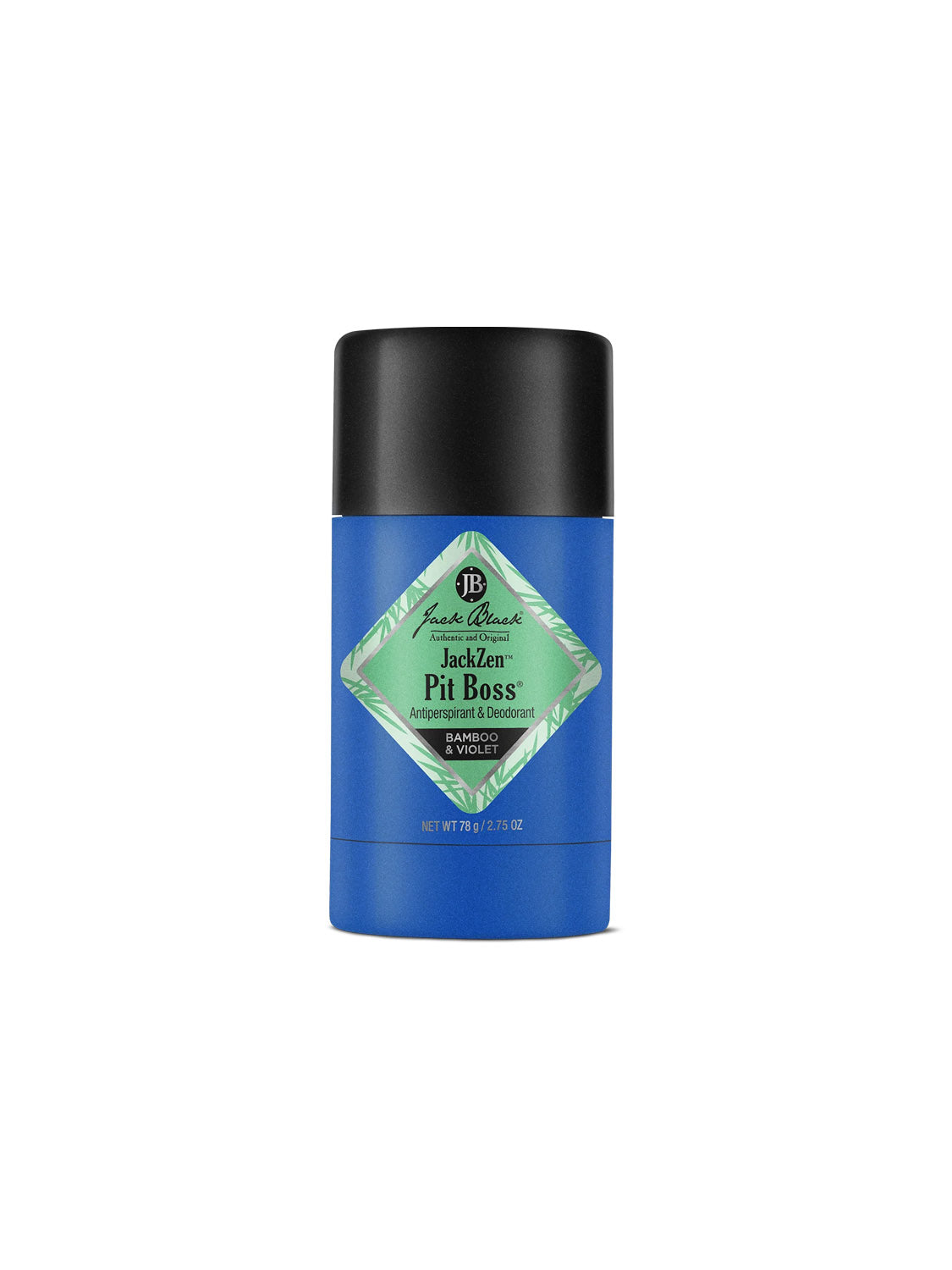 A blue cylindrical container of JackZen™ Pit Boss® Antiperspirant & Deodorant by Jack Black features a black cap and green diamond label, providing long-lasting odor protection and a soothing fragrance.