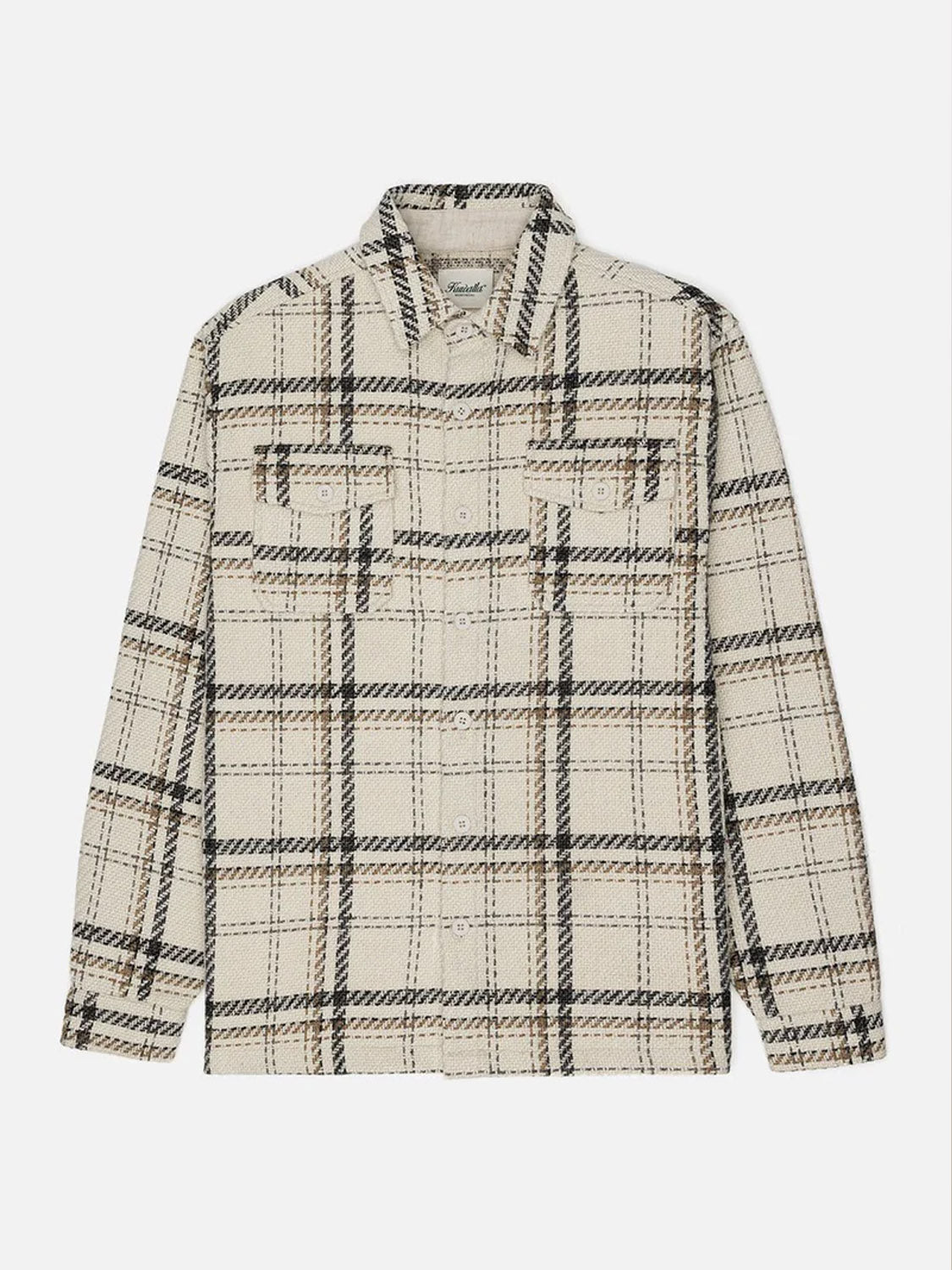 The Kuwalla Heavyweight Plaid Shirt is a long-sleeve, cream-based button-up with black and tan pattern, featuring two chest flap pockets—ideal for layering in cooler weather.