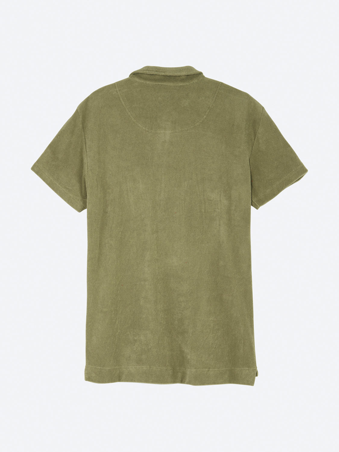 The OAS Polo Terry Shirt is a short-sleeve olive green cotton top, shown from the back against a light grey background. This breathable shirt features a simple, logo-free design with no visible patterns.