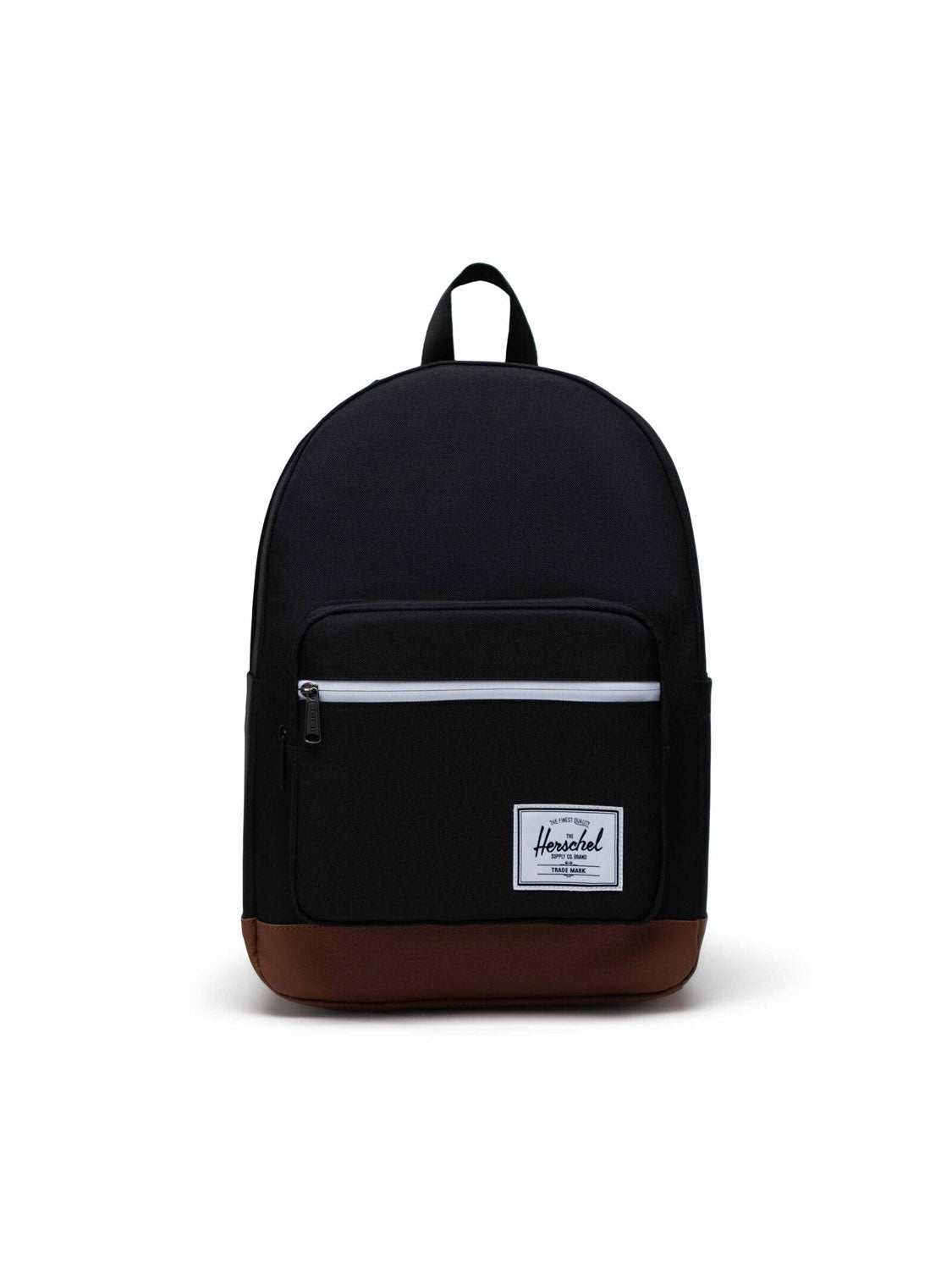 The Herschel Pop Quiz Backpack is a black EcoSystem fabric laptop backpack with a brown leather-like bottom, front zippered pocket with a white zipper, and a white rectangular Herschel logo—an eco-friendly, recycled choice.