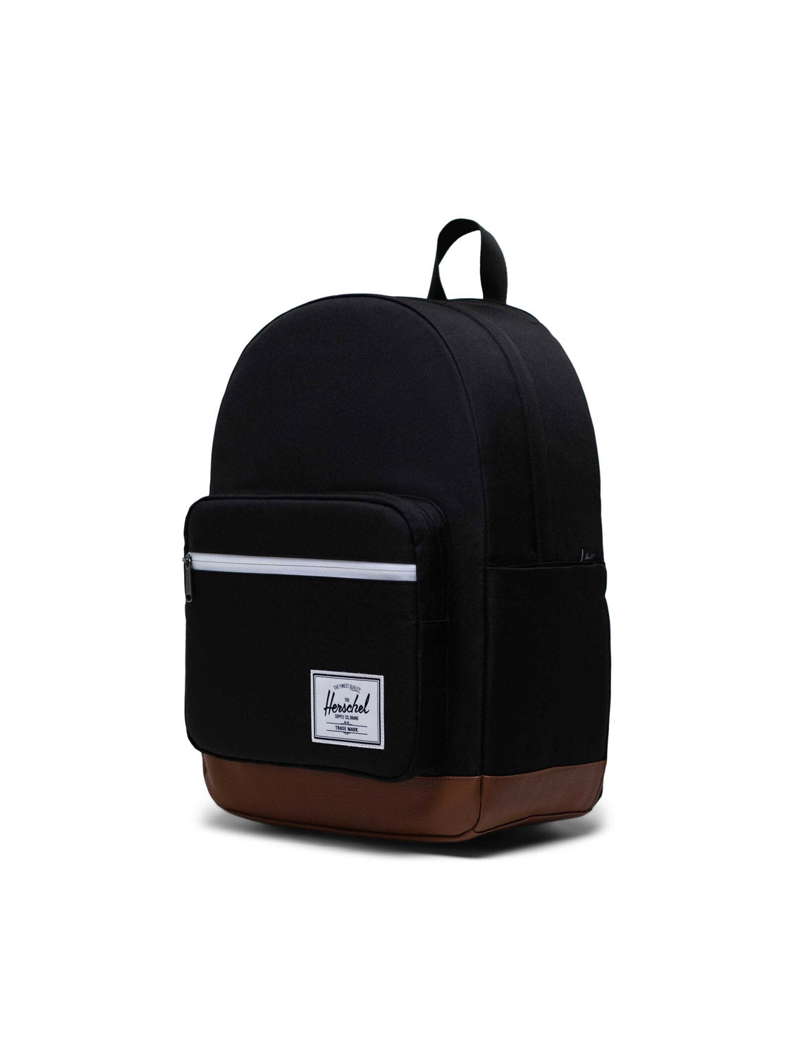 The Herschel Pop Quiz Backpack features a black EcoSystem fabric, brown leather bottom, front zippered pocket with a white zipper and rectangular label, shown against a plain white background.