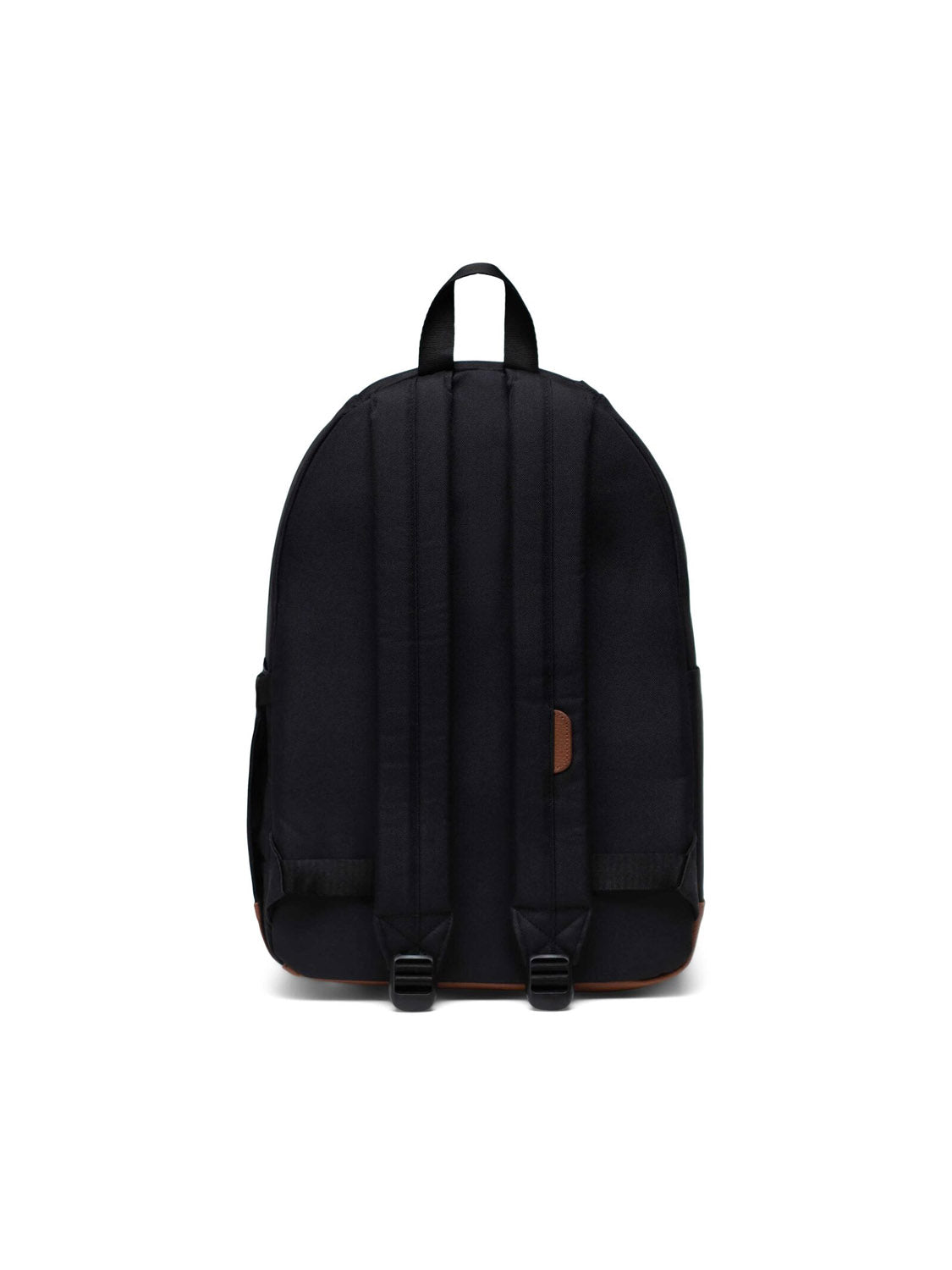 The Herschel Pop Quiz Backpack in black is shown from the back with two adjustable shoulder straps, a top carrying handle, and a minimalist design made from EcoSystem fabric, all set against a white background.