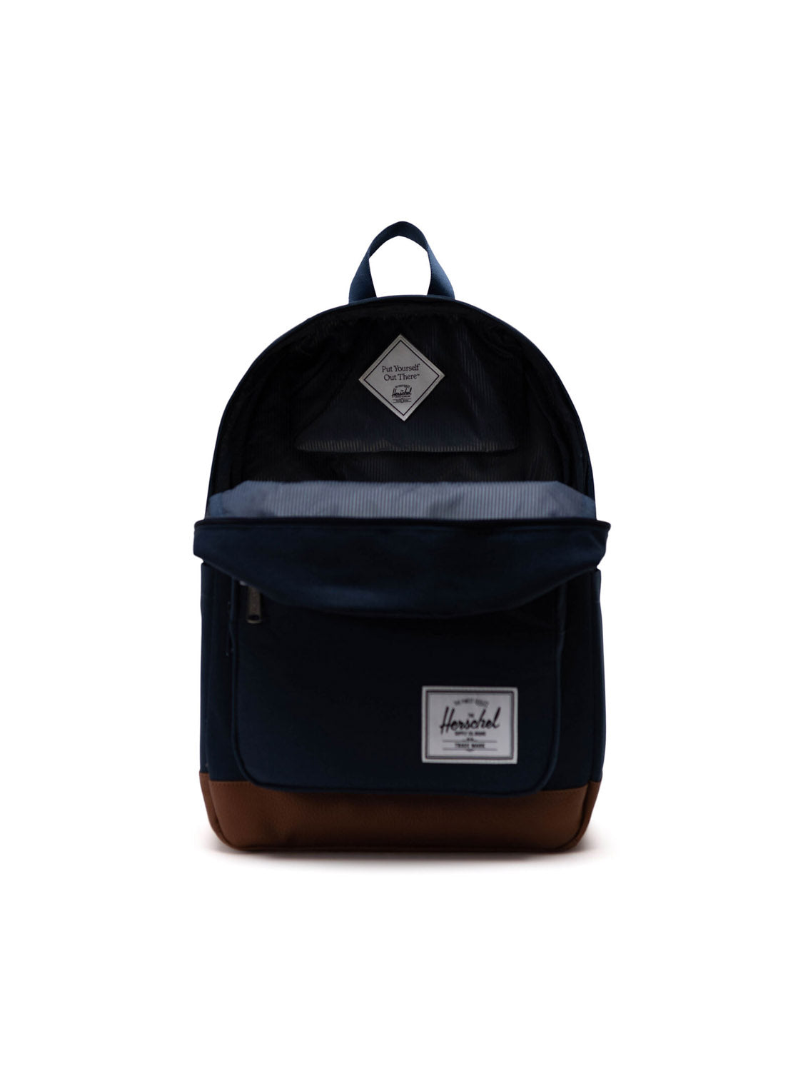 The Herschel Pop Quiz Backpack, crafted from EcoSystem fabric, features a navy blue body, brown base, front zip pocket, top handle, and white logo patch—shown against a plain white background.