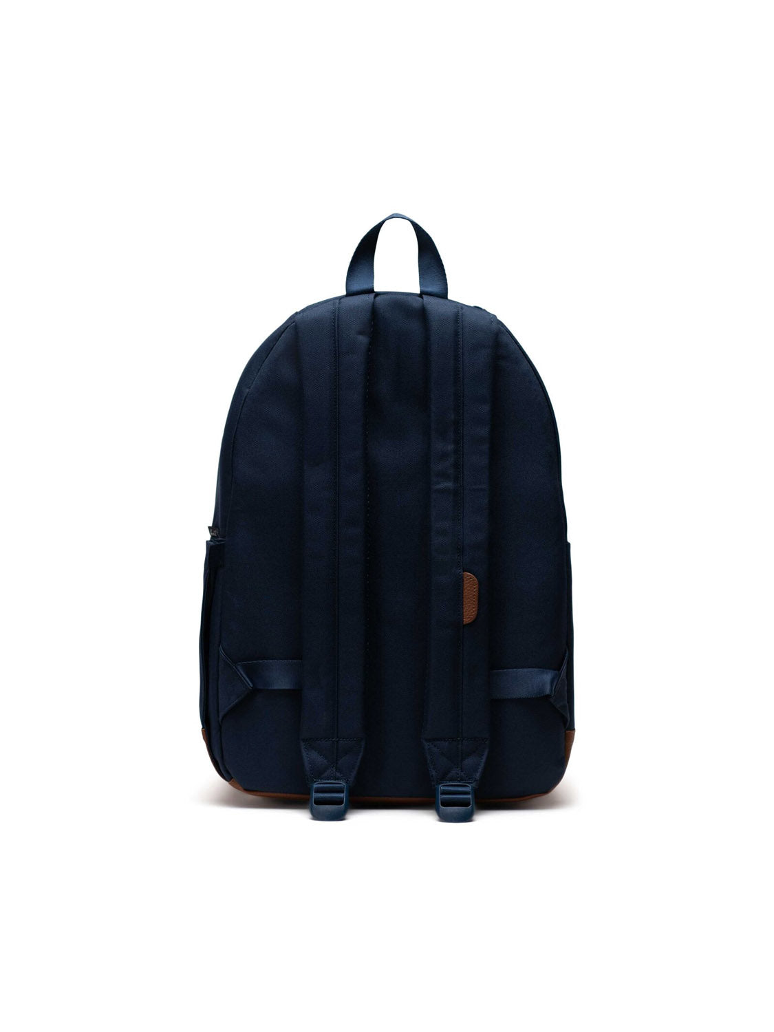 The Herschel Pop Quiz Backpack in navy blue is displayed from the back, highlighting two adjustable shoulder straps, a top handle, and a minimalistic design made with EcoSystem fabric against a white background.