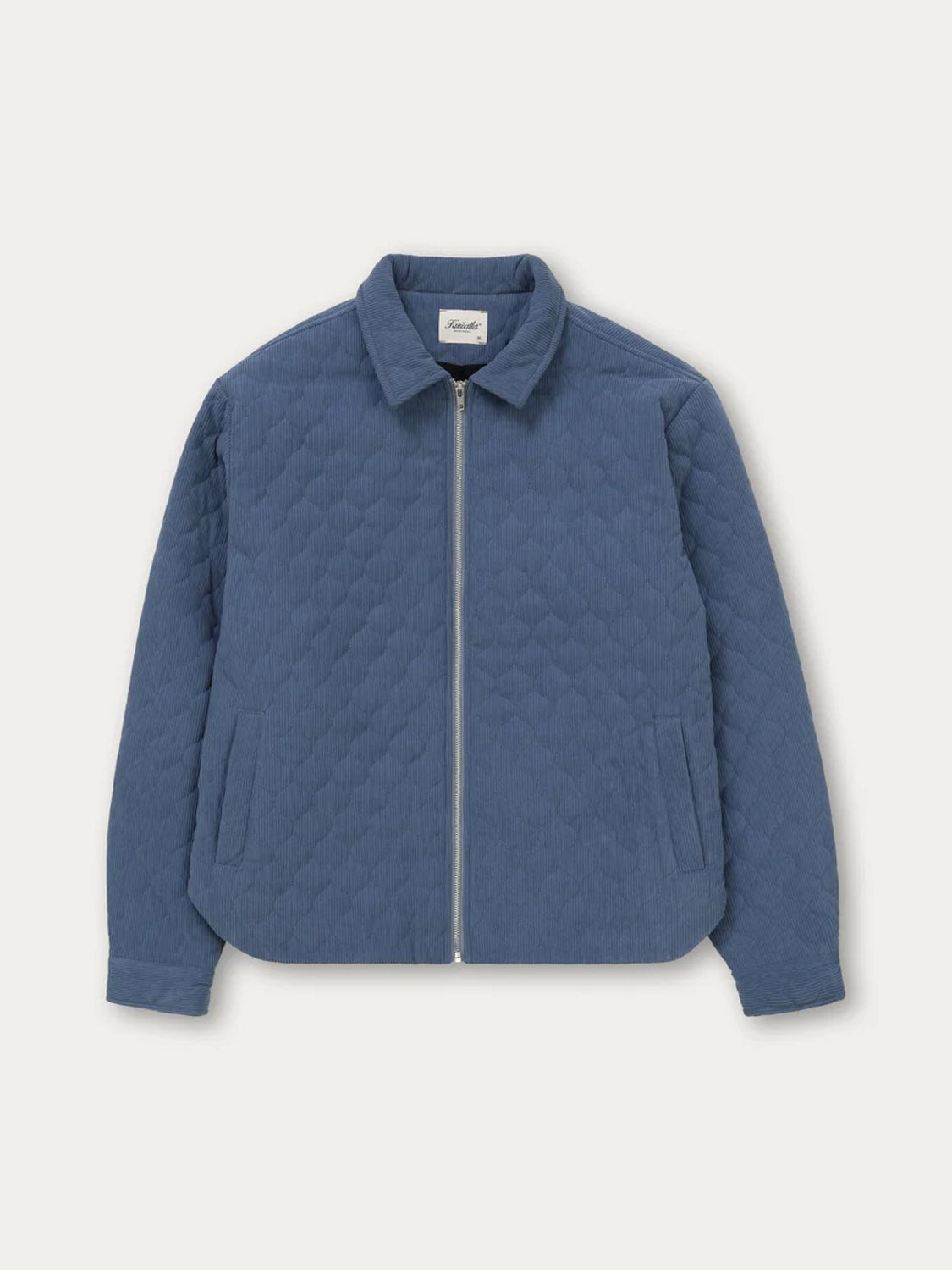 The Kuwalla Quilted Corduroy Shacket for men features a blue color, collar, front zipper closure, and two side pockets, shown on a white background.