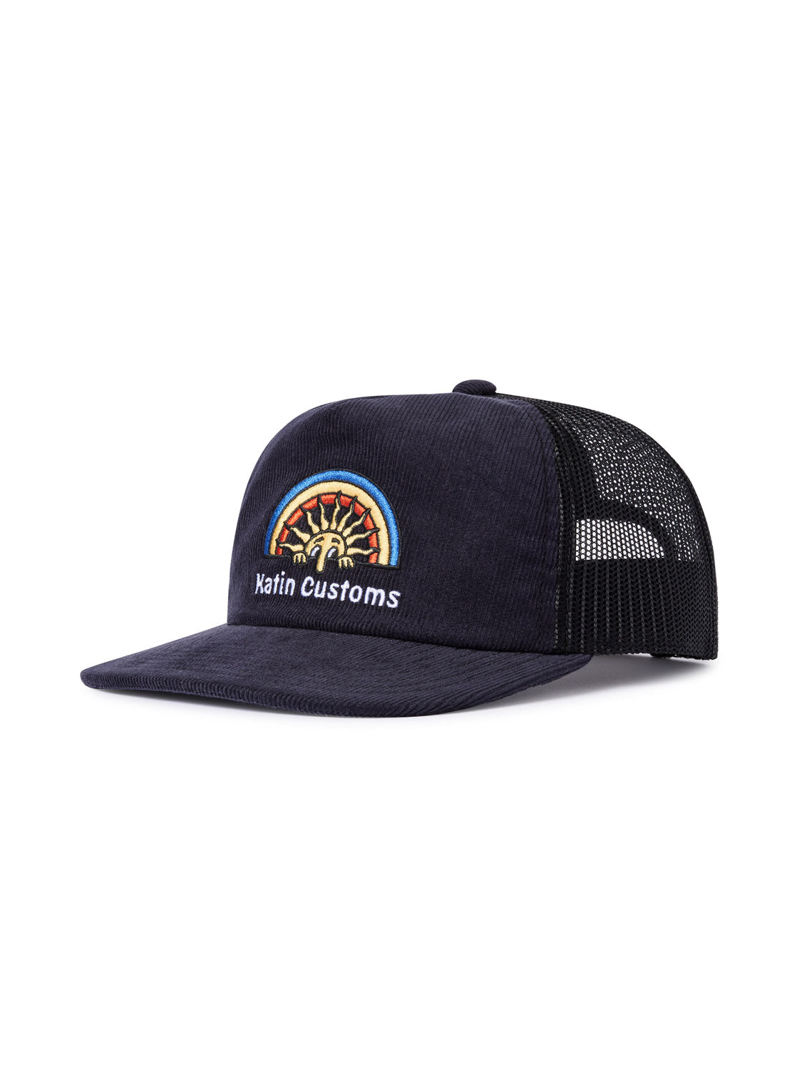 The Katin Rainroy Corduroy Trucker Hat, by Katin, is navy blue with a black mesh back and features a vibrant embroidered sun and Katin Customs text. A cotton corduroy brim adds texture, complemented by the signature Katin patch for a unique style.