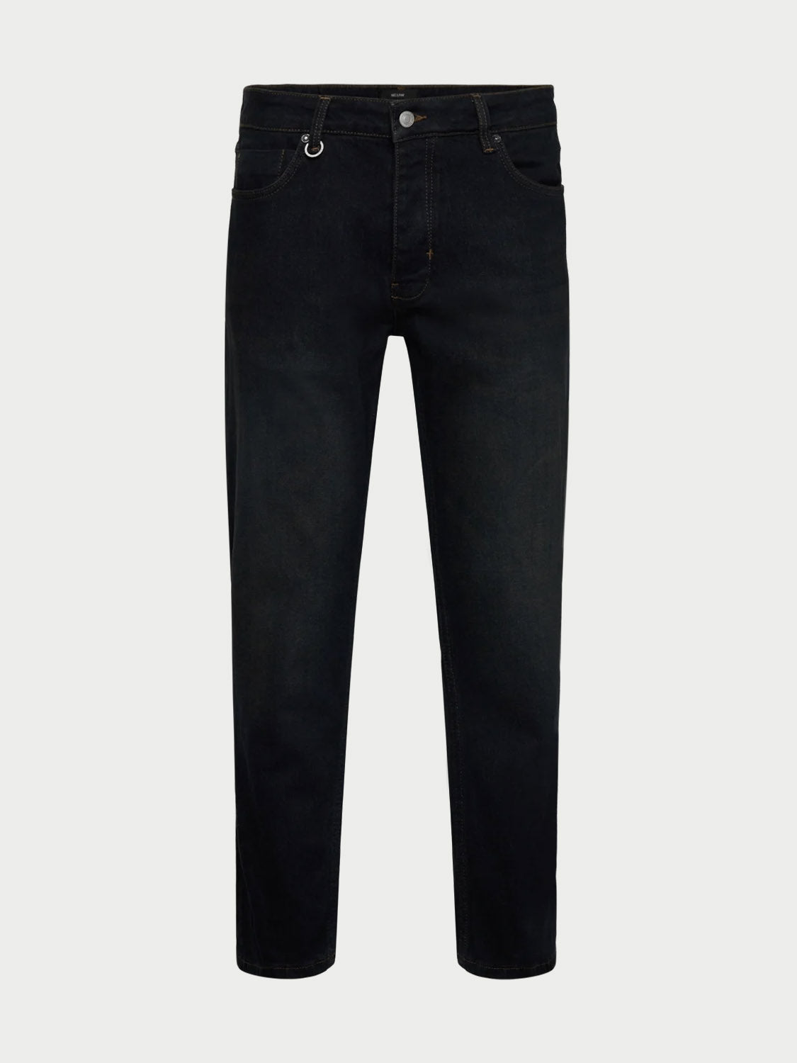 The Neuw Ray Straight Cosmo jeans feature premium black stretch denim, a classic five-pocket design, belt loops, and a silver button closure, shown against a white background.
