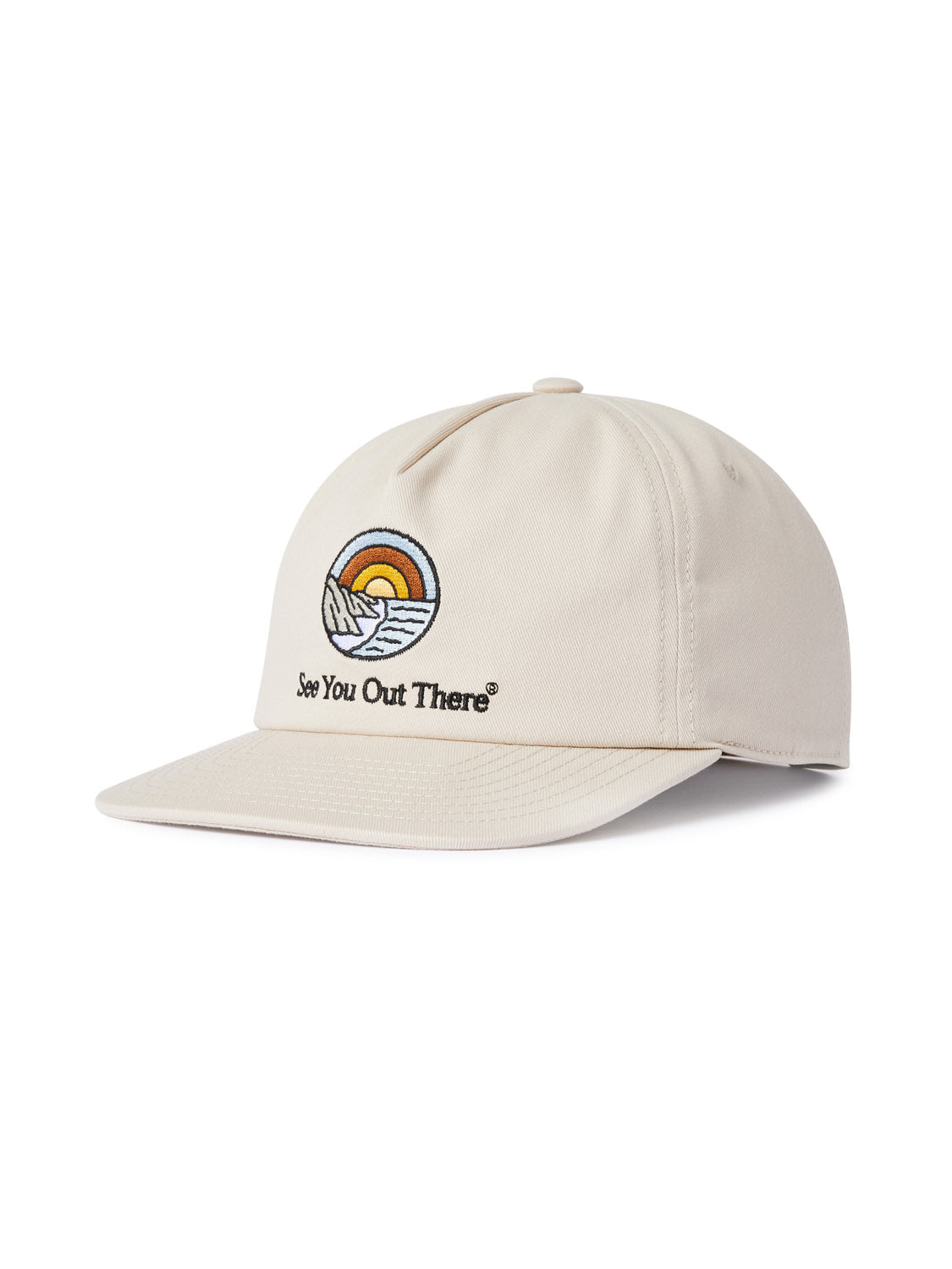 The Katin Reflection Twill Hat by Katin is a beige cotton twill baseball cap featuring custom Katin embroidery with a stylized sunset over waves. It includes See You Out There text, a rounded crown, curved brim, and Snapback closure for an ideal fit.