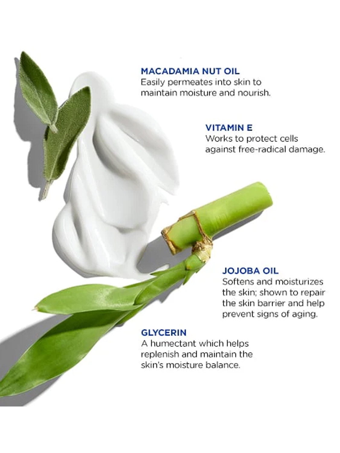 A smear of white cream with green leaves and a plant stem beside it. Text highlights Jack Black JackZen™ Renewing Body Lotion, enriched with macadamia nut oil, vitamin E, and jojoba oil for nourishing, protective moisture.