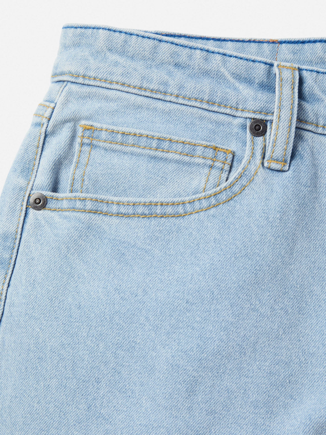 Close-up of the front pocket and waistband of Katin Ren 57 Classic Straight Pants in light blue denim, featuring yellow stitching, a small rivet, belt loop, and signature 5-pocket styling of classic straight jeans.