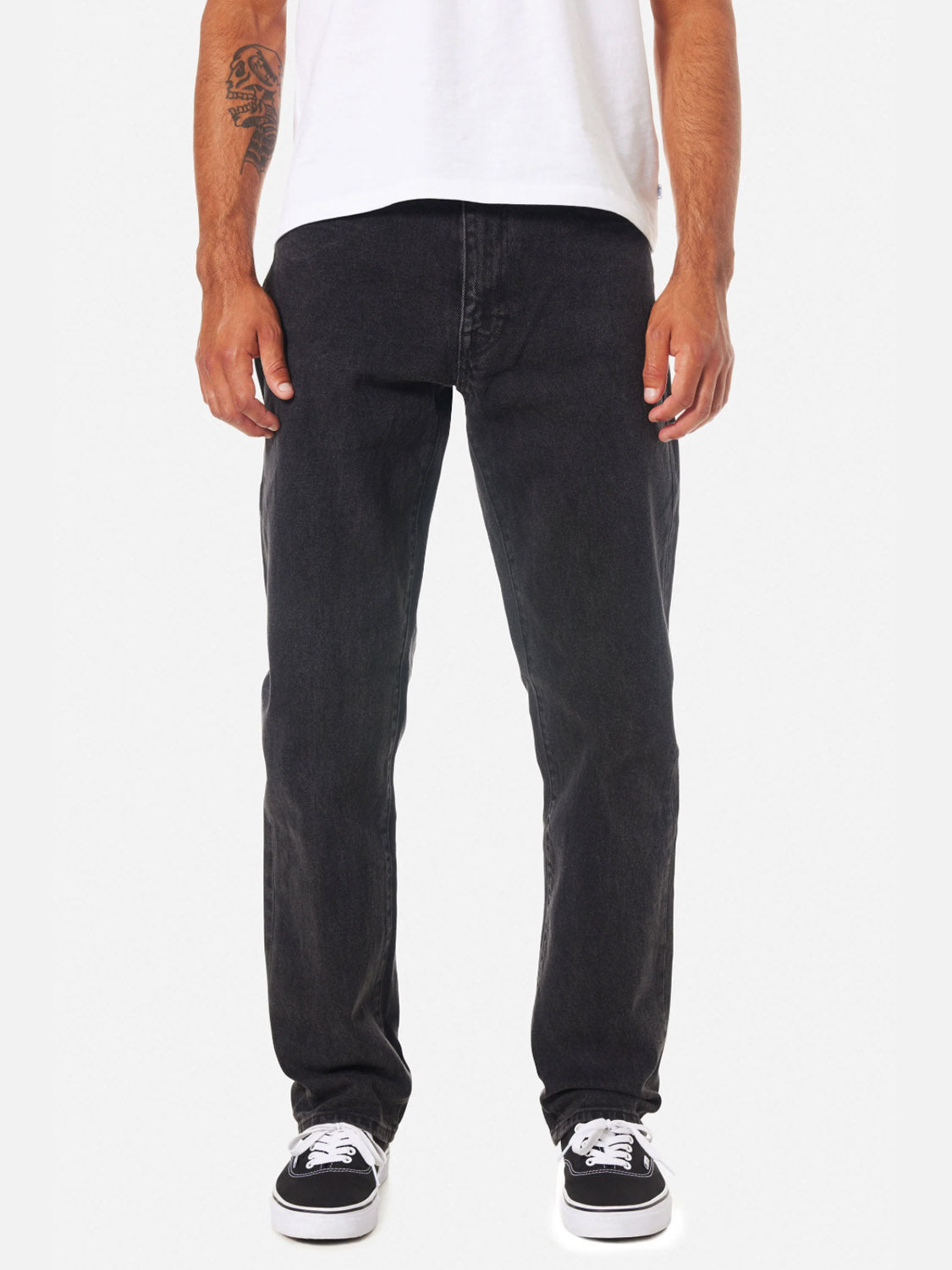 A man wearing Katin Ren 57 Classic Straight Pants in black denim, featuring a classic straight fit and 5-pocket styling.