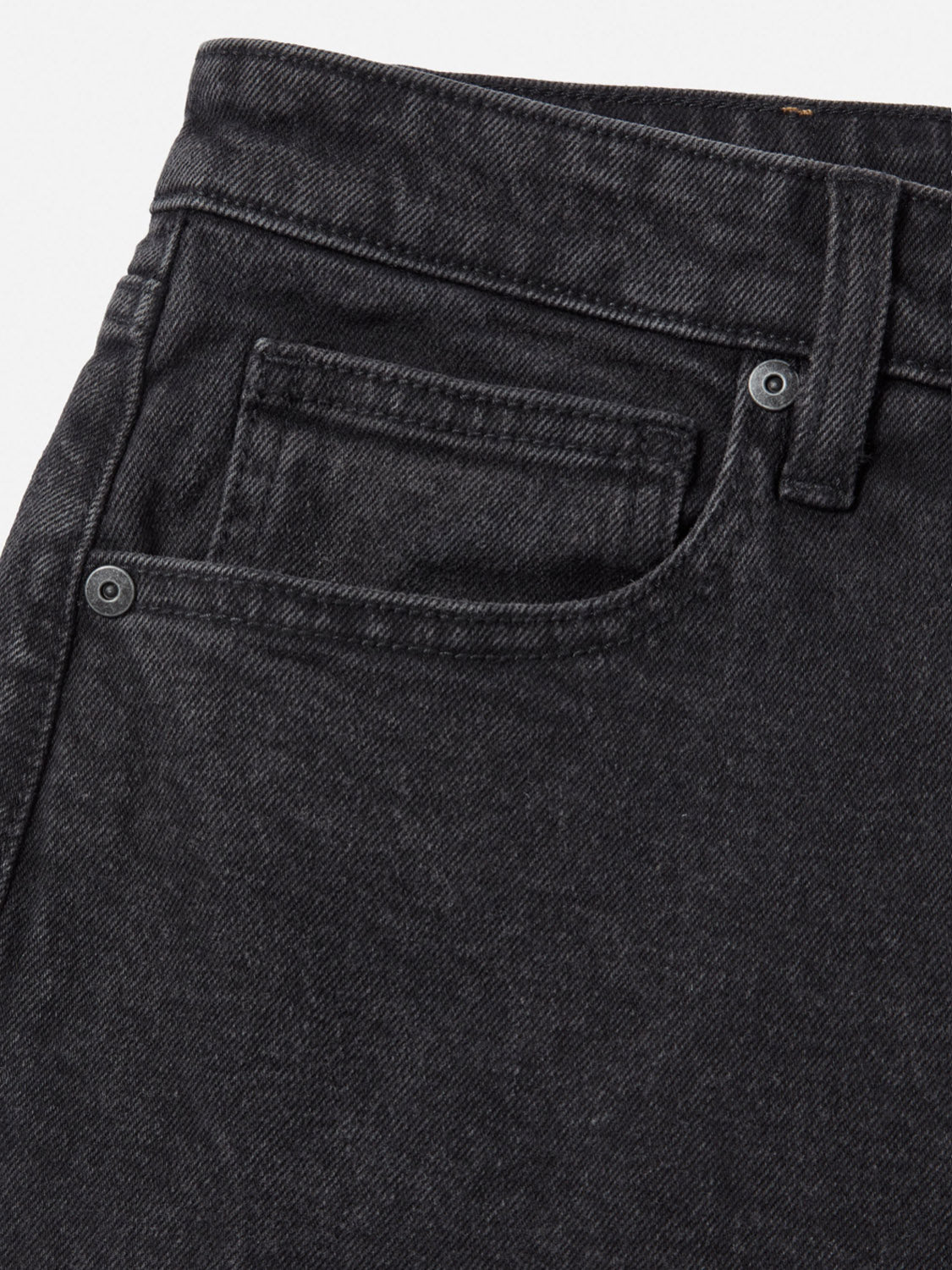 Close-up of the front pocket on Katin Ren 57 Classic Straight Pants in black denim, showing 5-pocket styling, coin pocket, belt loops, and visible stitching.