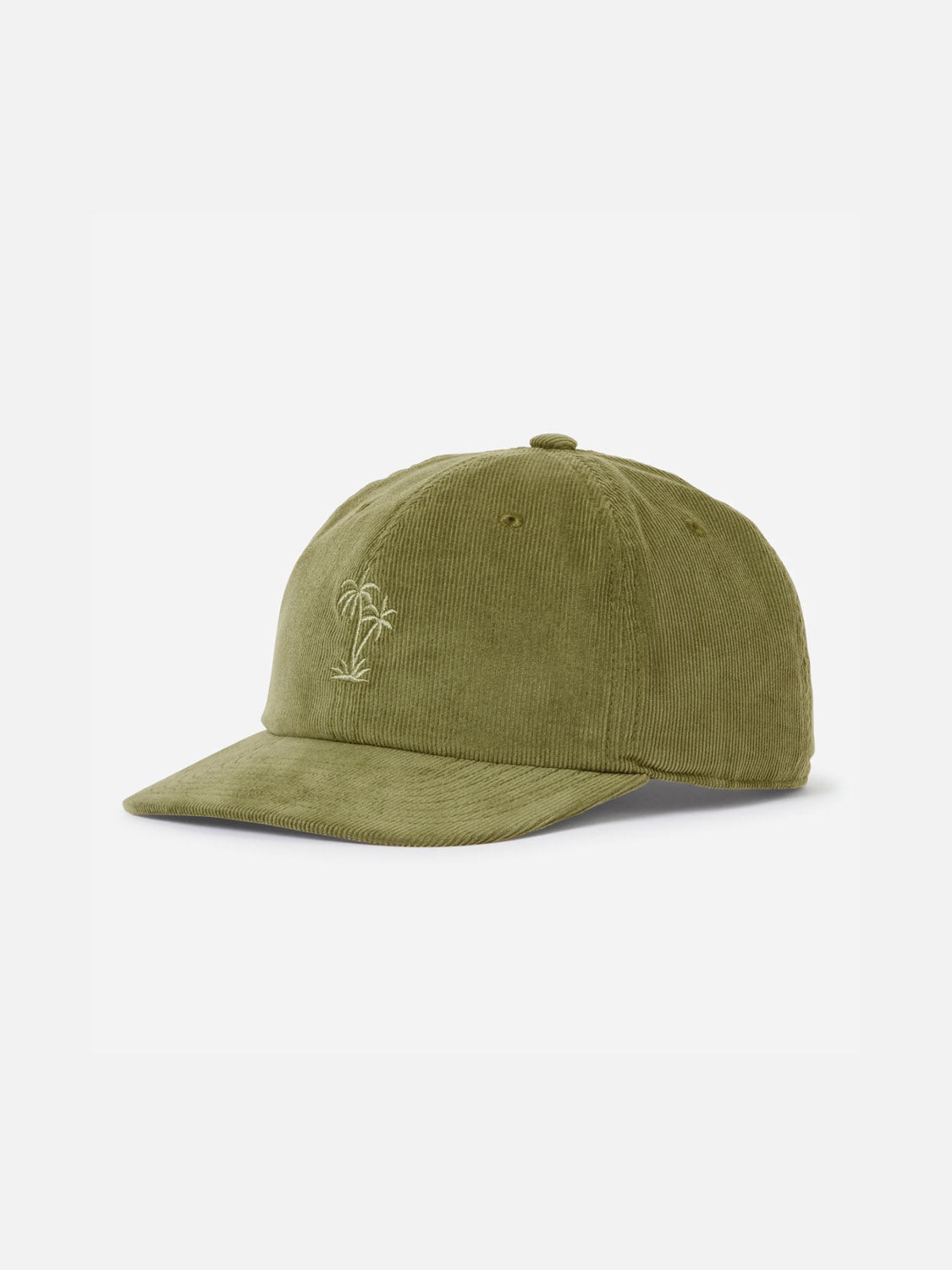 The Katin Retreat Hat is an olive green corduroy cap featuring a curved brim, embroidered palm tree on the front, and adjustable snapback closure, shown on a plain white background.
