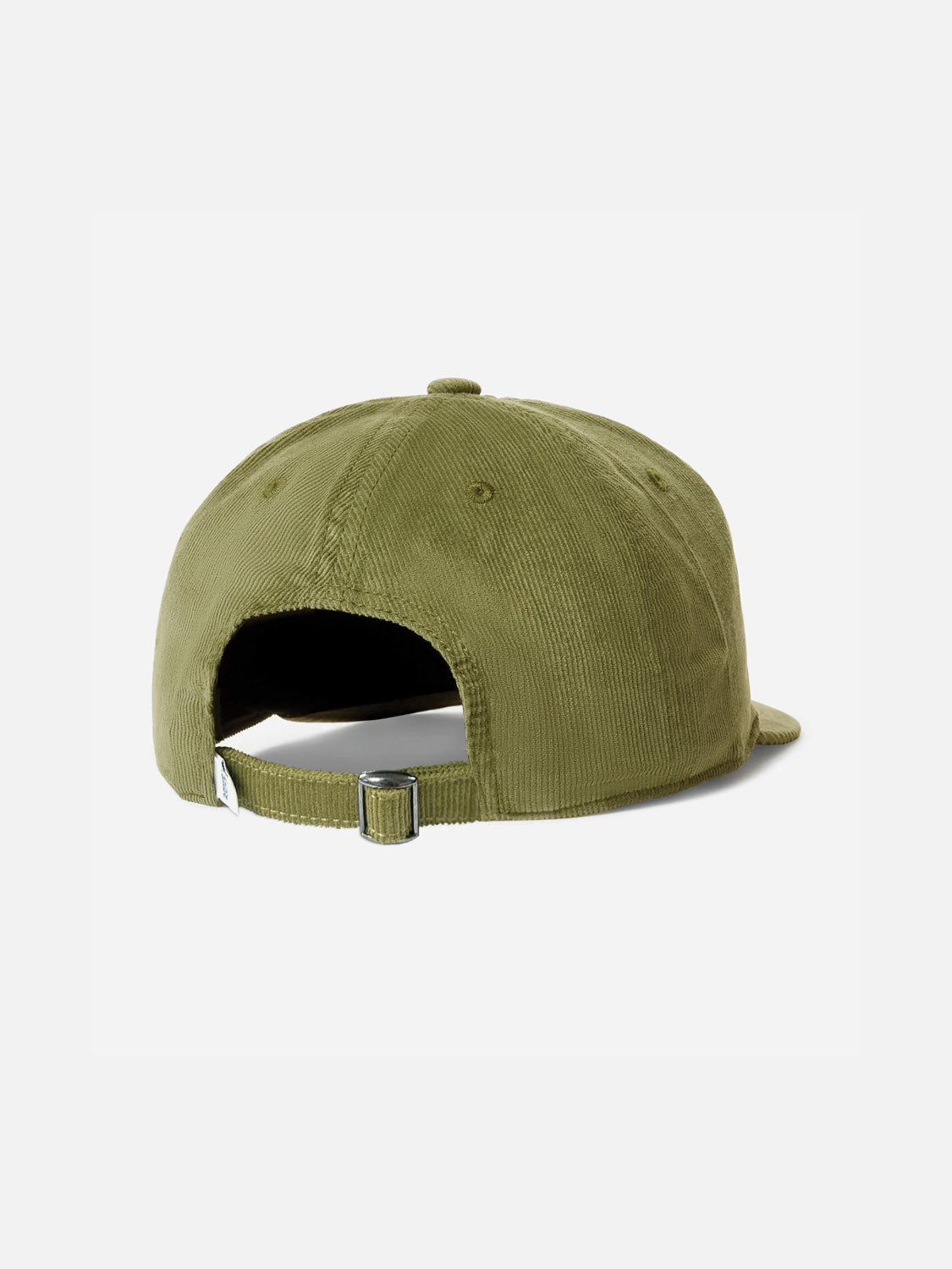The Katin Retreat Hat is a green corduroy baseball cap, shown from the back, with an adjustable strap, metal buckle, and an opening above the strap.