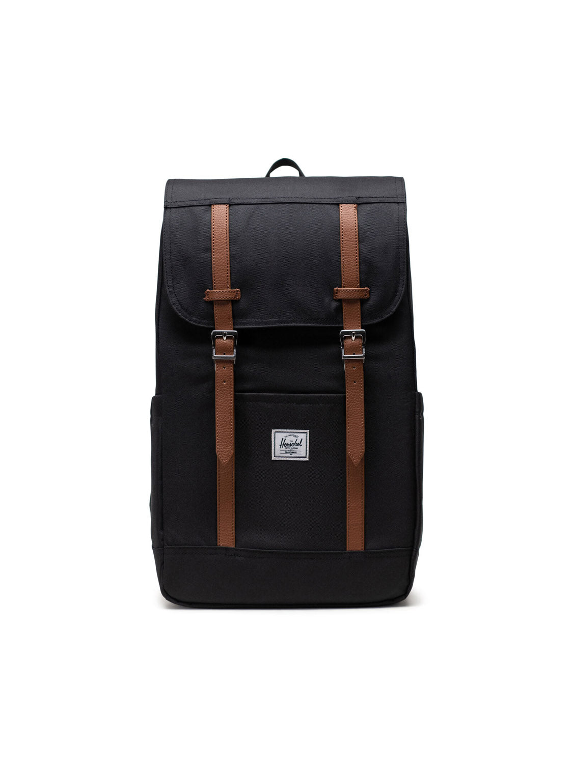 The Herschel Retreat Backpack is a black eco-friendly bag featuring brown leather buckle straps, a small top handle, and a white rectangular logo patch on the front pocket, shown against a plain white background.