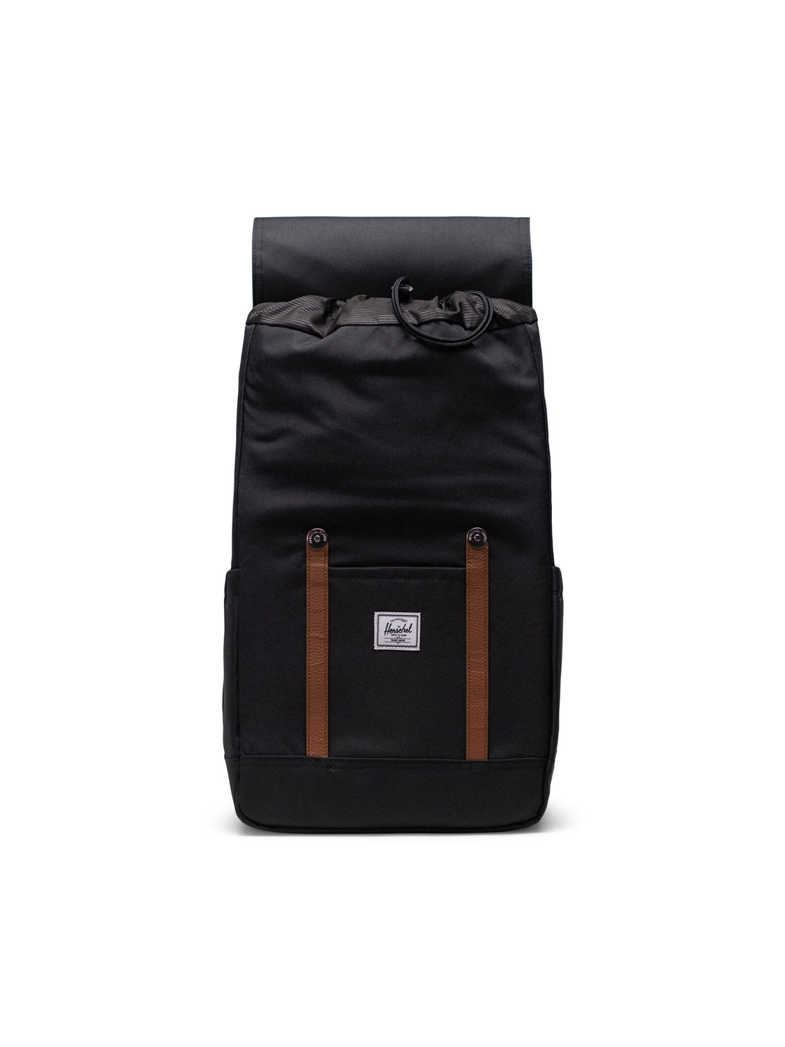 The Herschel Retreat Backpack is a black eco-friendly bag featuring a flap closure, brown vertical straps, side pockets, and a white rectangular front label.
