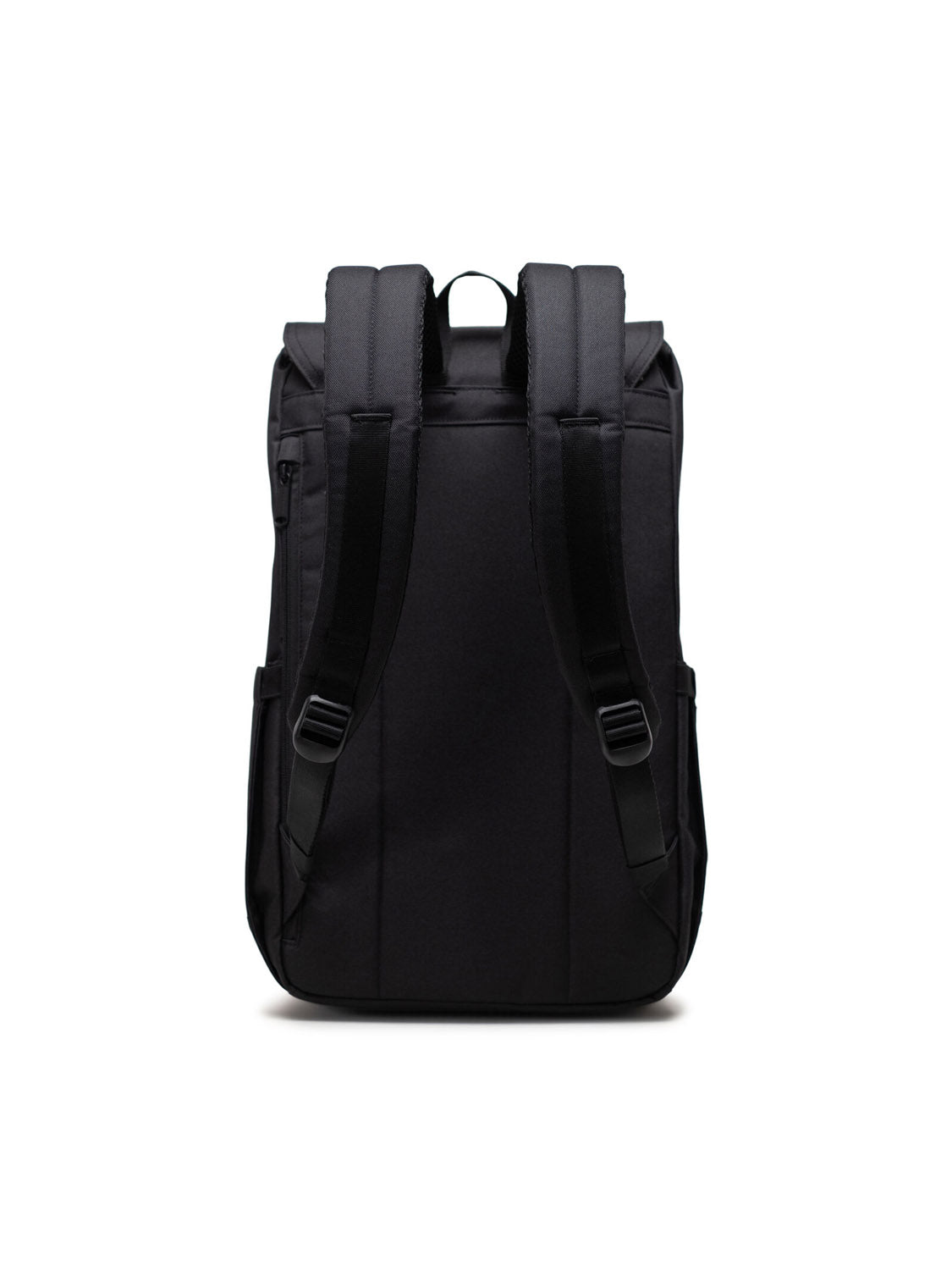 The Herschel Retreat Backpack in black recycled material is shown from the back, highlighting its padded shoulder straps, top carry handle, and minimalist design against a white background.