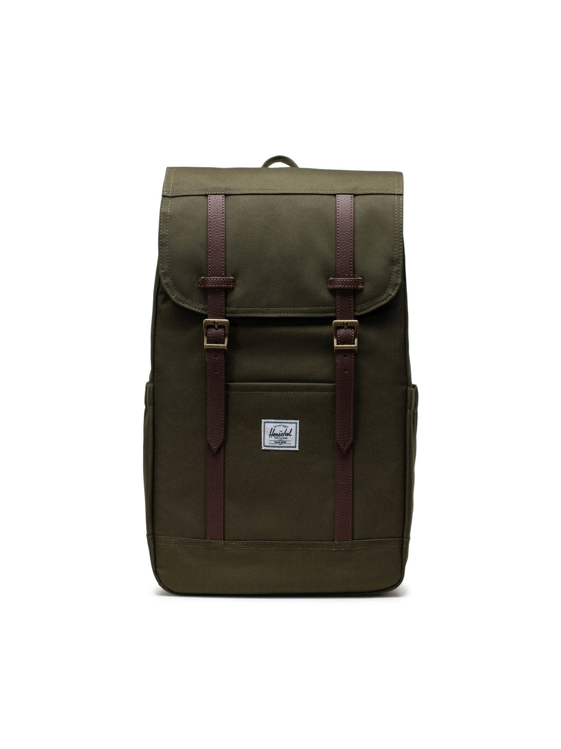 The Herschel Retreat Backpack is a green eco-friendly bag with brown buckle straps, a front pocket, and a white rectangular logo patch. This minimalist laptop backpack is shown against a white background.