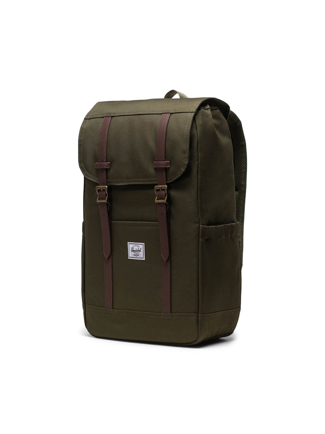 The Herschel Retreat Backpack is an eco-friendly green bag with brown buckle straps, a front pocket, and a small rectangular logo patch on the front, shown against a plain white background.