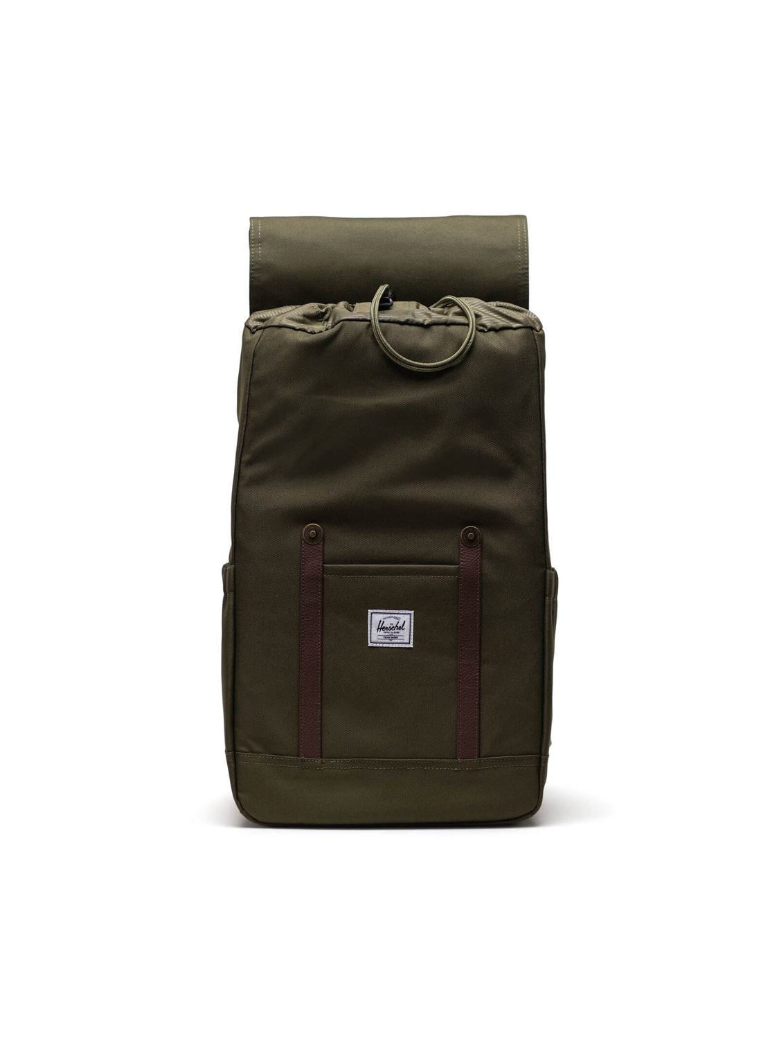 The Herschel Retreat Backpack is a green, eco-friendly bag with a top flap, brown vertical accents, side pockets, and a front patch logo, shown against a white background.