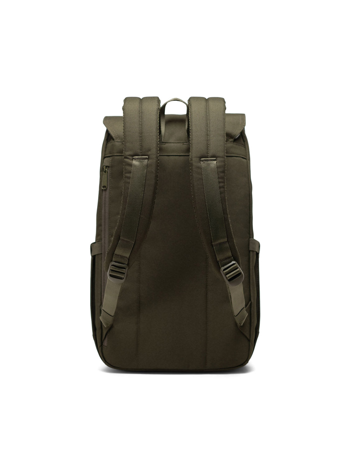 The Herschel Retreat Backpack in olive green is eco-friendly and features padded adjustable shoulder straps, a top handle, side pockets, and a cushioned back panel for everyday comfort.