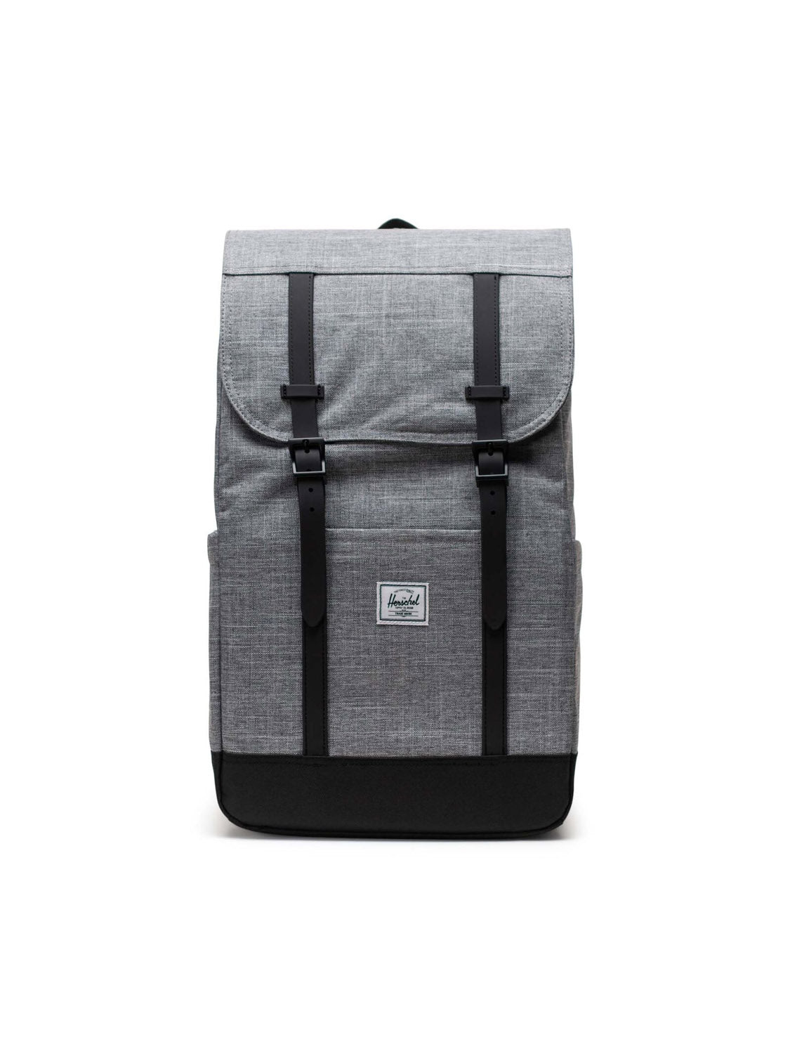 The Herschel Retreat Backpack is eco-friendly and grey with black straps, buckles, a front flap, a black bottom, and a small white label on the front. It has a rectangular shape and is shown against a plain white background.