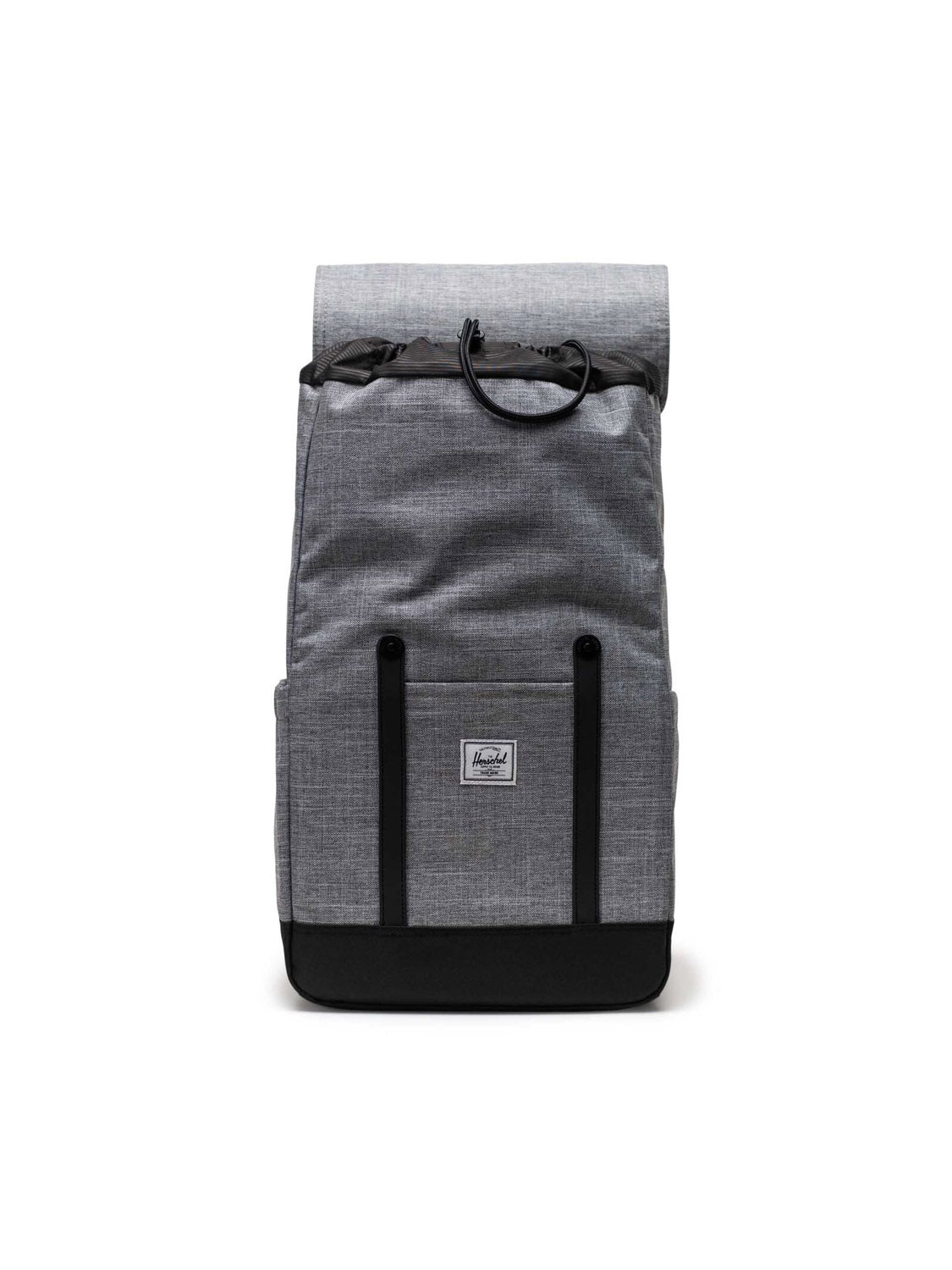 The Herschel Retreat Backpack is a grey, eco-friendly bag with a black strap—ideal for carrying your essentials in sustainable style.