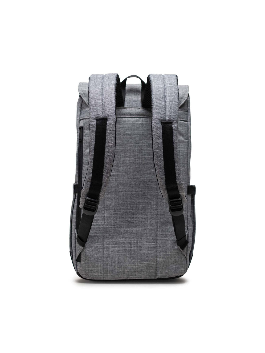The Herschel Retreat Backpack, shown from the back in gray recycled material, features two padded adjustable shoulder straps with black strap accents. The eco-friendly backpack is displayed against a plain white background.