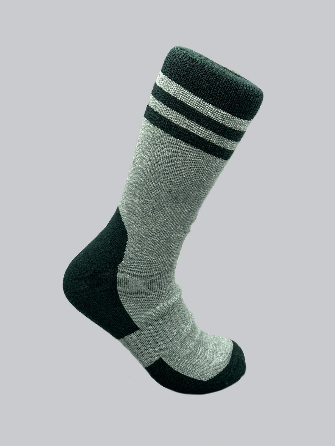 The Rockies Merino Wool Socks by ID Menswear provide warmth and durability, featuring two dark green stripes near the top, a dark green heel, toe, and arch stripe on a plain gray background.