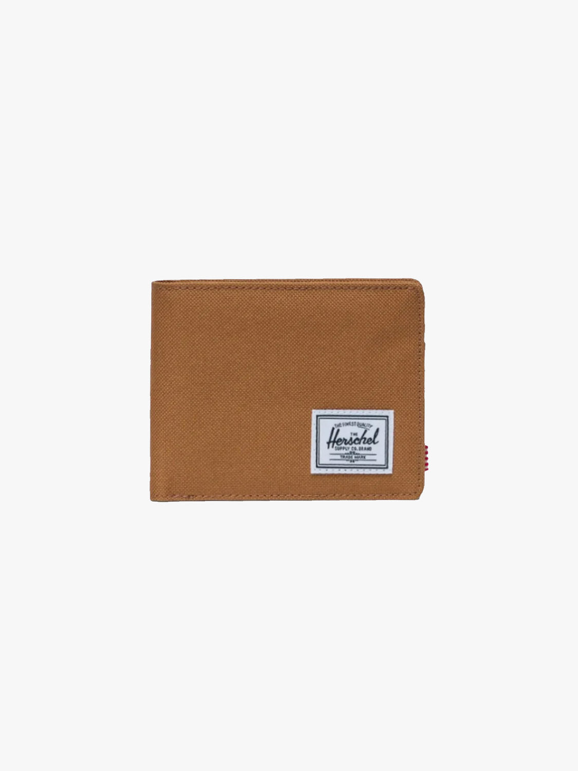 The Herschel Roy Classic Folded Wallet, made from recycled polyester in brown with a white rectangular Herschel label on the front, is shown against a plain white background.