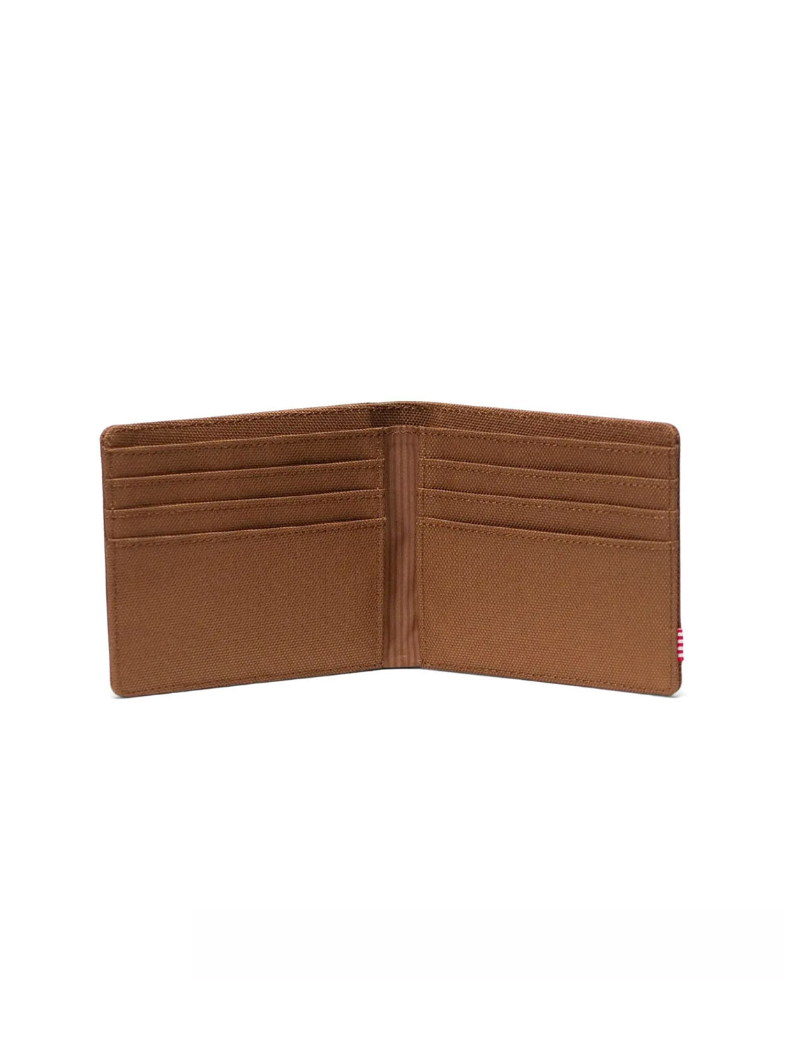 The Herschel Roy Classic Folded Wallet is a brown, bi-fold recycled polyester wallet with multiple card slots and a large bill compartment. The plain, neatly stitched interior is shown open against a white background.