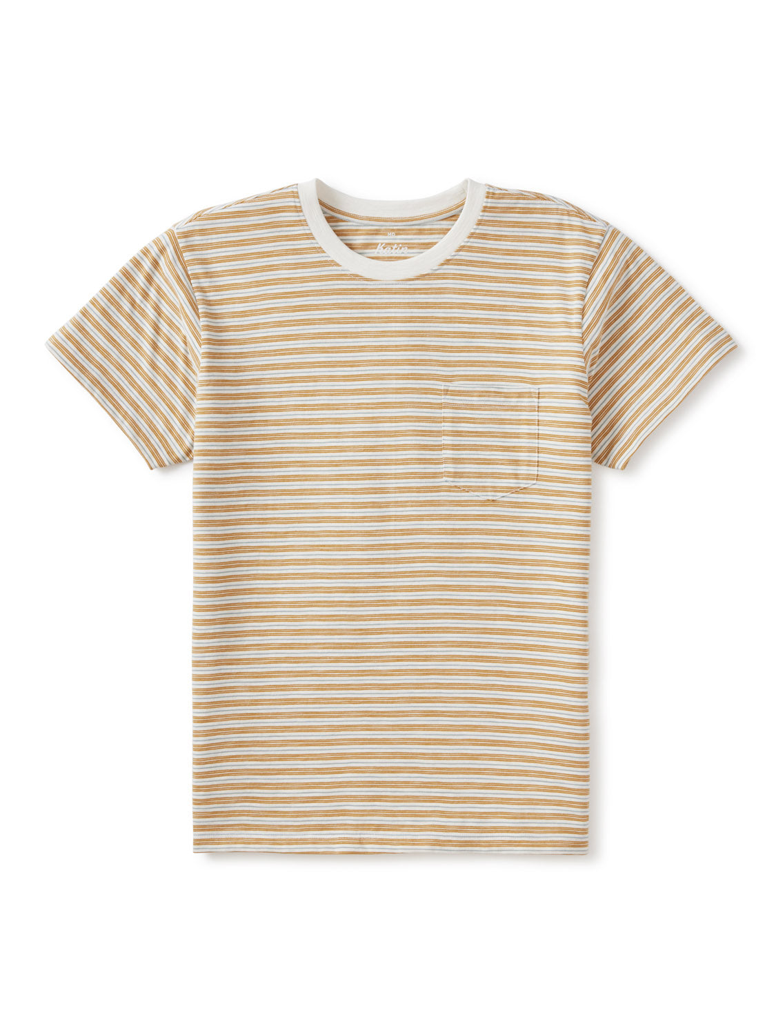 The Katin Rural Pocket Tee by Katin is a short-sleeved, crew-neck T-shirt made of premium cotton with thin tan and white stripes and a left chest pocket.