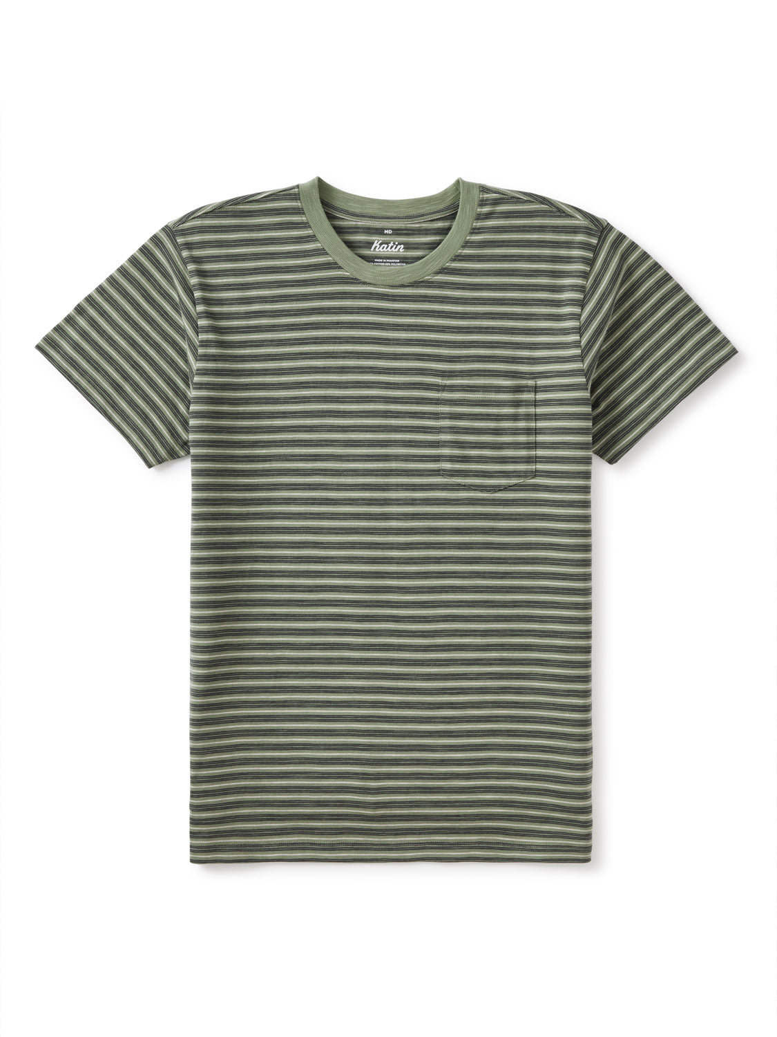 The Katin Rural Pocket Tee is made from premium cotton, features a classic crew neckline, dark/light green stripe knit design, short sleeves, and a small left chest pocket. It is displayed laid flat on a crisp white background.