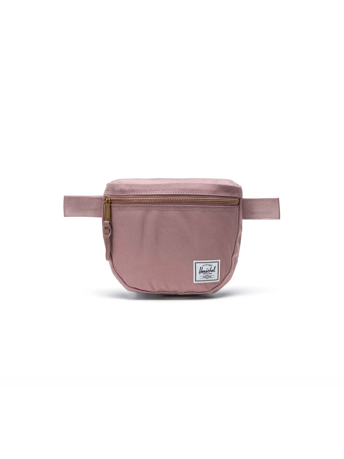 The Herschel Settlement Hip Pack is a light pink recycled-fabric hip pack with a front zipper, side straps, and a white rectangular logo patch—ideal for hands-free journeys.