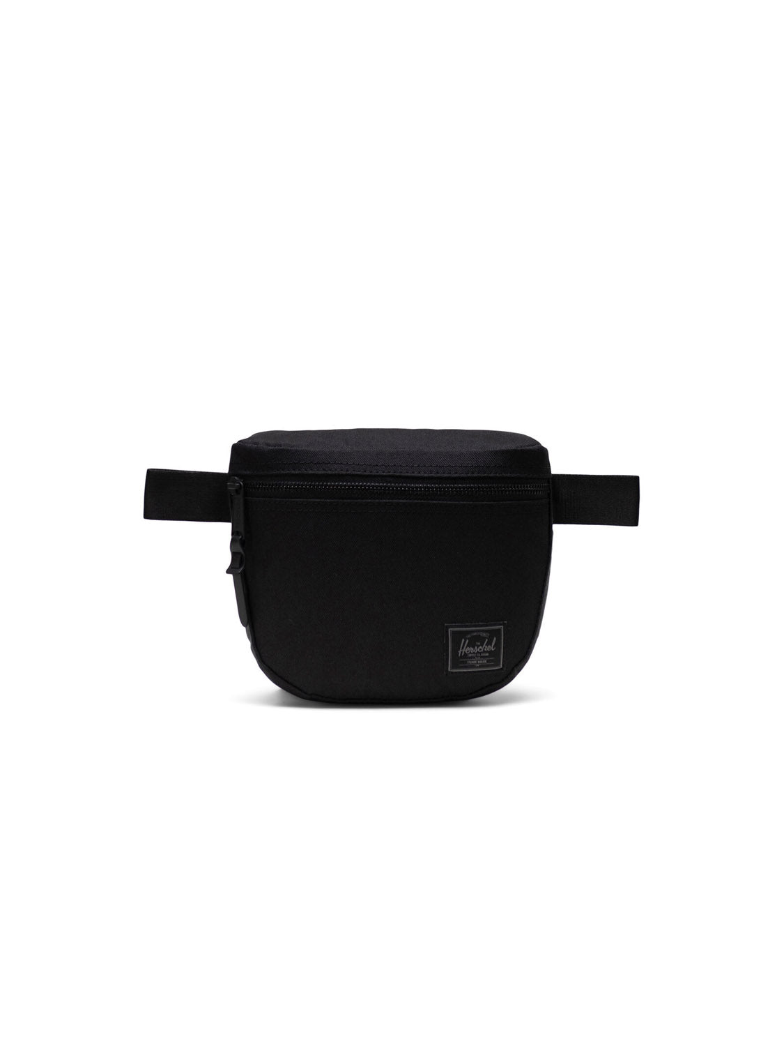 The Herschel Settlement Hip Pack in black features recycled fabric, a front zipper, two side straps, and a small rectangular Herschel logo patch on the lower front, shown on a plain white background for convenient hands-free travel.