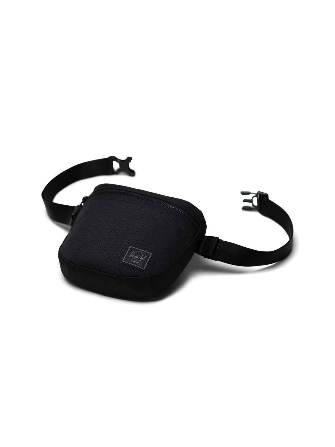 The Herschel Settlement Hip Pack in black features recycled fabric, a zippered main compartment, and an adjustable strap with a side-release buckle. Ideal for hands-free use, it's shown against a white background.