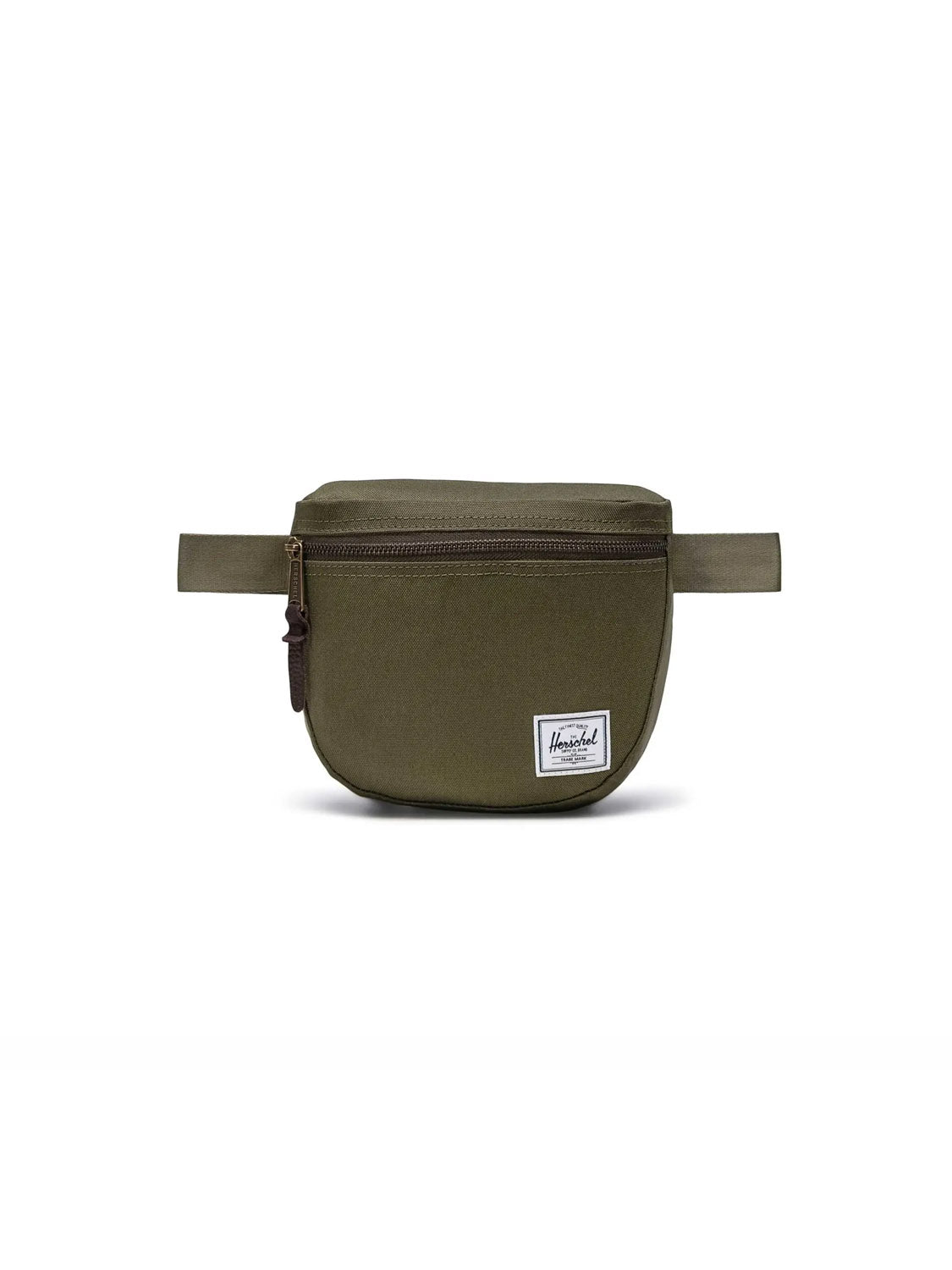 The Herschel Settlement Hip Pack in olive green is made from recycled fabric and features a front zipper, side straps, and a small white rectangular logo label—ideal for hands-free journeys. Shown on a plain white background.