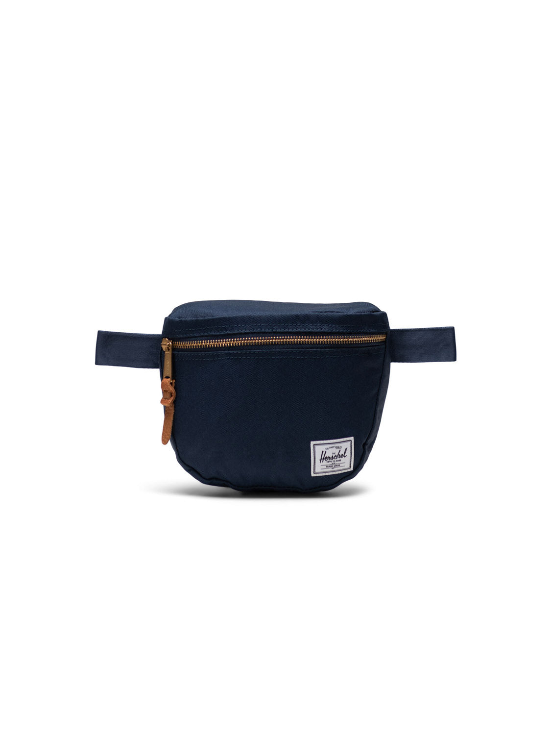 The Herschel Settlement Hip Pack in navy blue is made from recycled fabric and features a brown zipper pull, front pocket, adjustable straps, and a white label with black text at the bottom right. Perfect for hands-free journeys; shown on a white background.