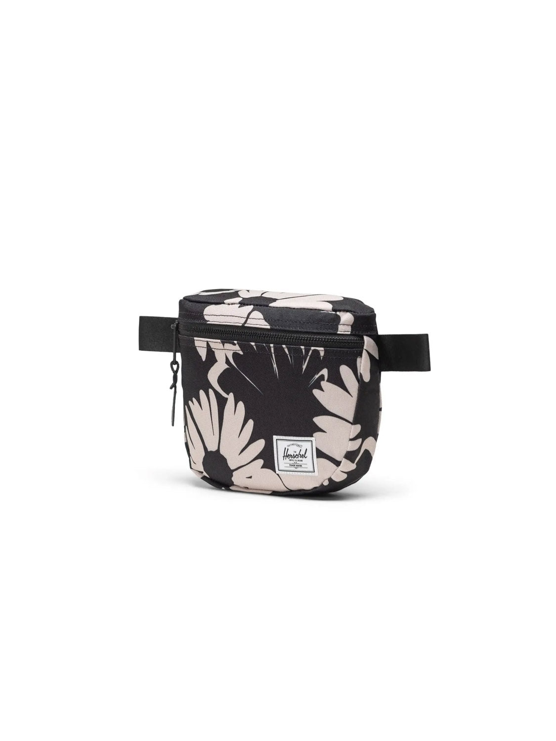 The Herschel Settlement Hip Pack - 2L in black recycled polyester features a white and beige floral print, zippered top, adjustable black strap, and a small rectangular Herschel label—ideal for hands-free adventures.