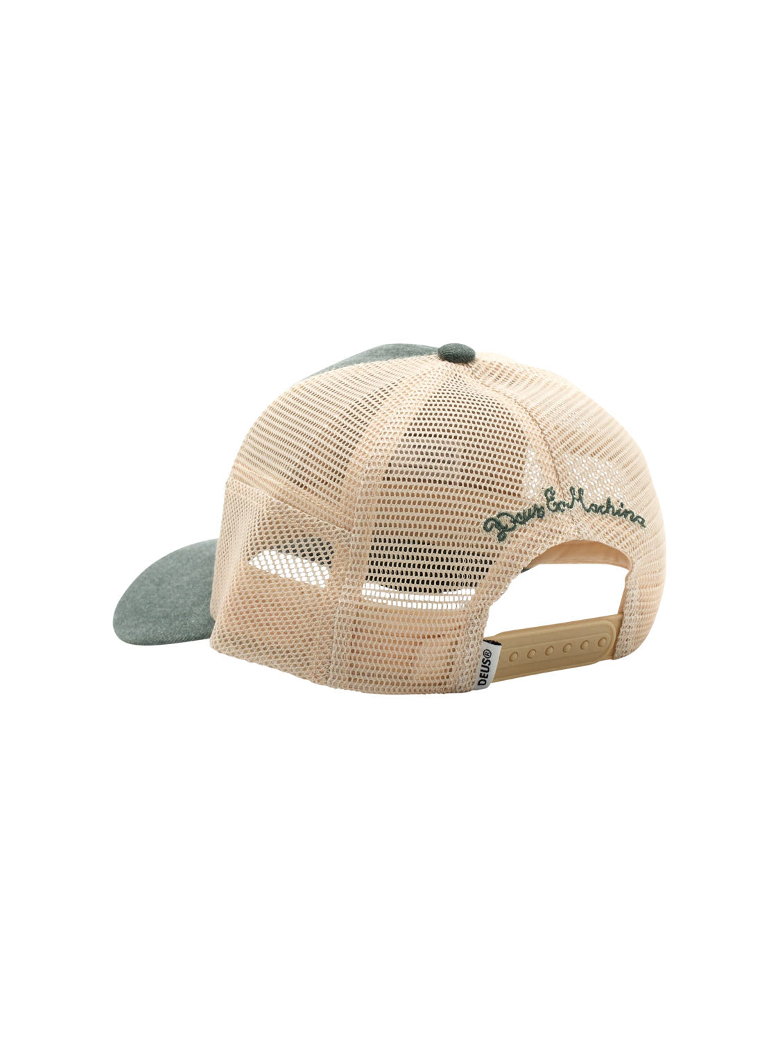 The Deus Shield Trucker cap features a beige mesh back, green cotton canvas brim, green "Row & Machine" embroidery on the back, and an adjustable snapback closure, shown from the rear against a white background.