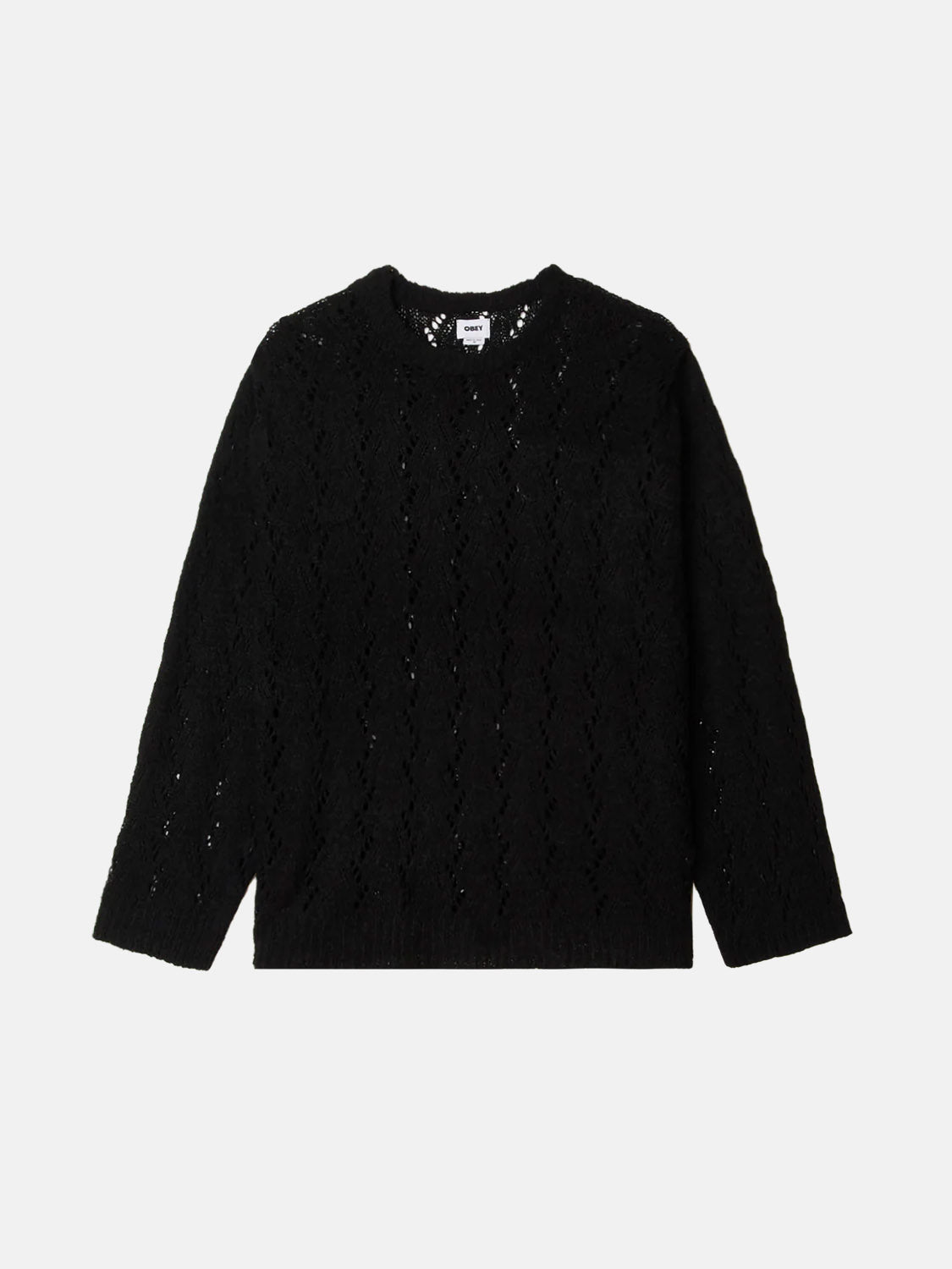 The Obey Shimoda Sweater by Obey is showcased on a plain white background. This black crochet sweater features a subtle zigzag pattern, relaxed fit, round neckline, long sleeves, and delicate open-knit design.