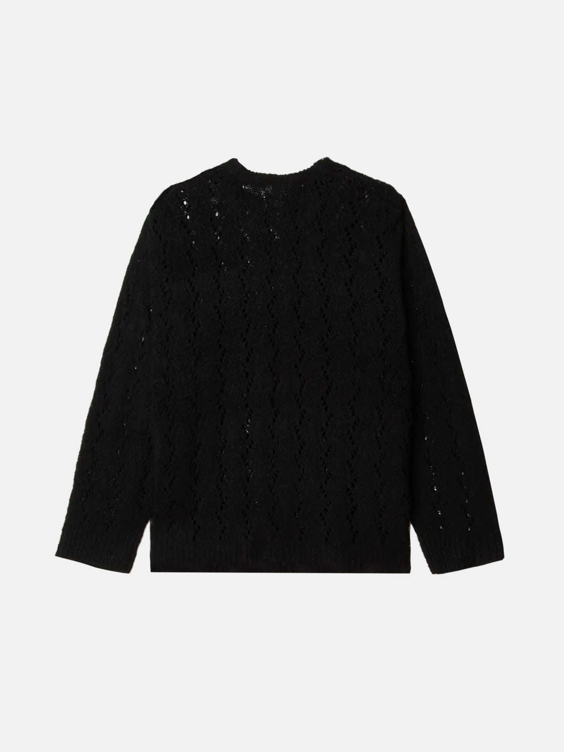 The Obey Shimoda Sweater is black and knitted, featuring a relaxed fit with a delicate wavy open-knit pattern. Seen against a plain white background, the sweater showcases its back design, long sleeves, and crew neckline.