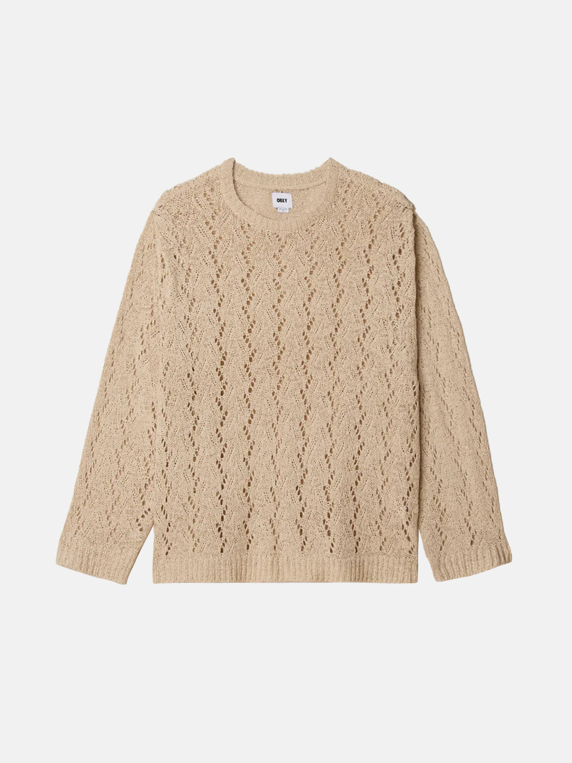 The Obey Shimoda Sweater by Obey is a relaxed-fit, long-sleeved, beige tape yarn sweater with a crew neck. It features a diamond-shaped open-knit pattern for a textured and airy appearance and is displayed flat on a white background.