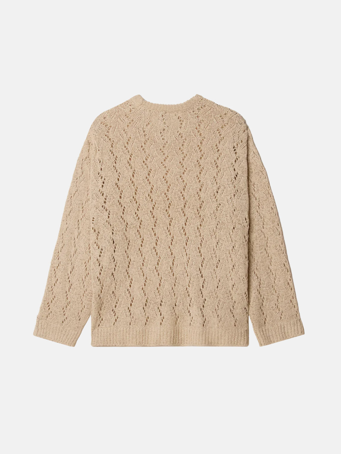 The Obey Shimoda Sweater by Obey is a beige, open-knit tape yarn sweater with a textured zigzag pattern, featuring a relaxed fit, crew neck, and long sleeves, displayed flat against a white background to showcase the back.