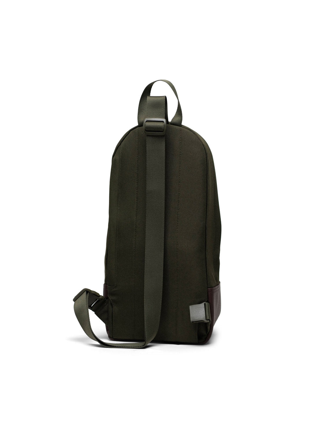 The Herschel Heritage Shoulder Bag is shown from the back in dark green, featuring a single adjustable strap and a small top handle, set against a plain white background.
