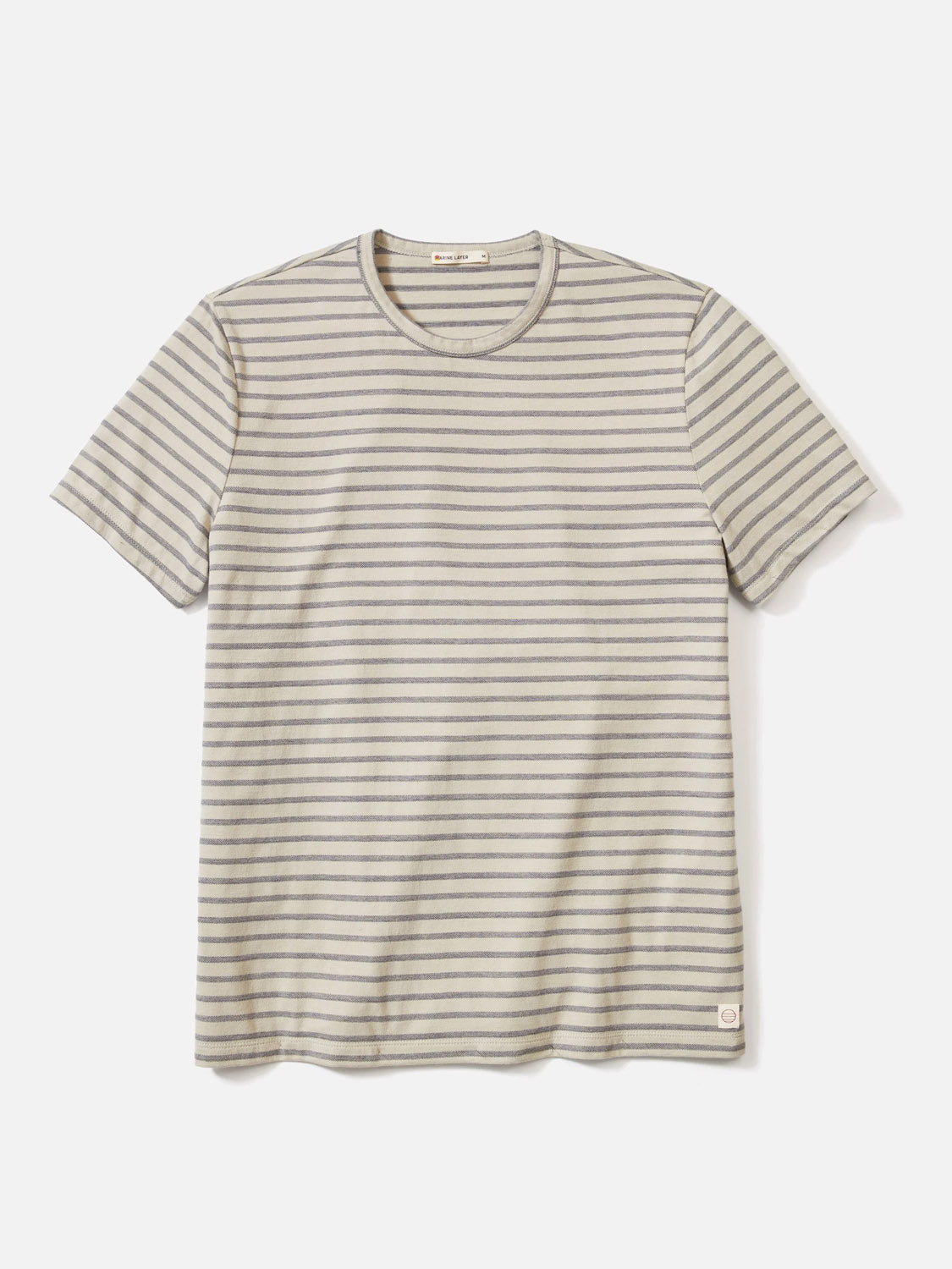 The Marine Layer Signature Jacquard Crew Tee features short sleeves and thin horizontal gray and off-white stripes, shown laid flat on a white background.