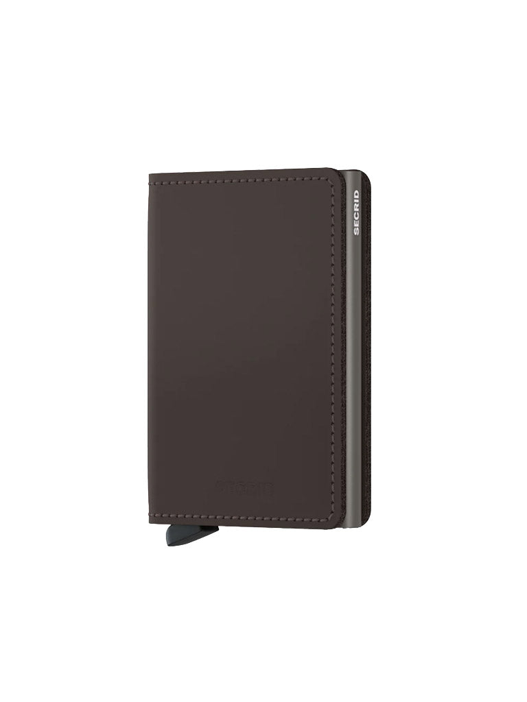 The Secrid Slimwallet Matte Finished Leather is a compact, slim brown leather wallet with visible stitching and a small metal tab, shown closed on a plain white background.