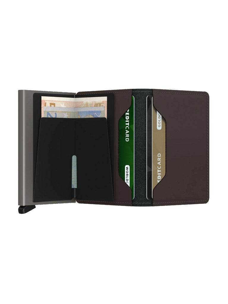 The Secrid Slimwallet Matte Finished Leather is shown open against a white background, with card slots and euro banknotes visible, and a metal clasp on the left side.